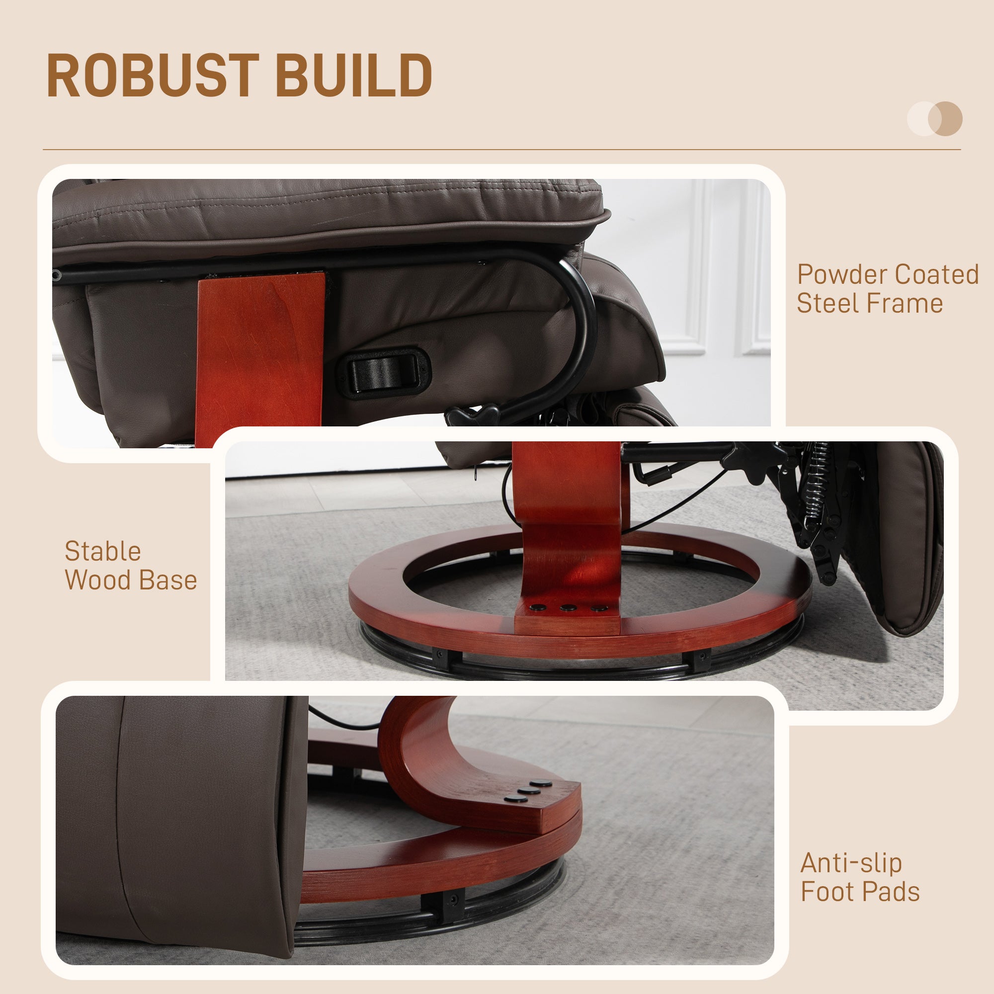 Modern RV Recliner Chair, PU Leather Swivel Recliner Armchair w/ Footrest, Brown