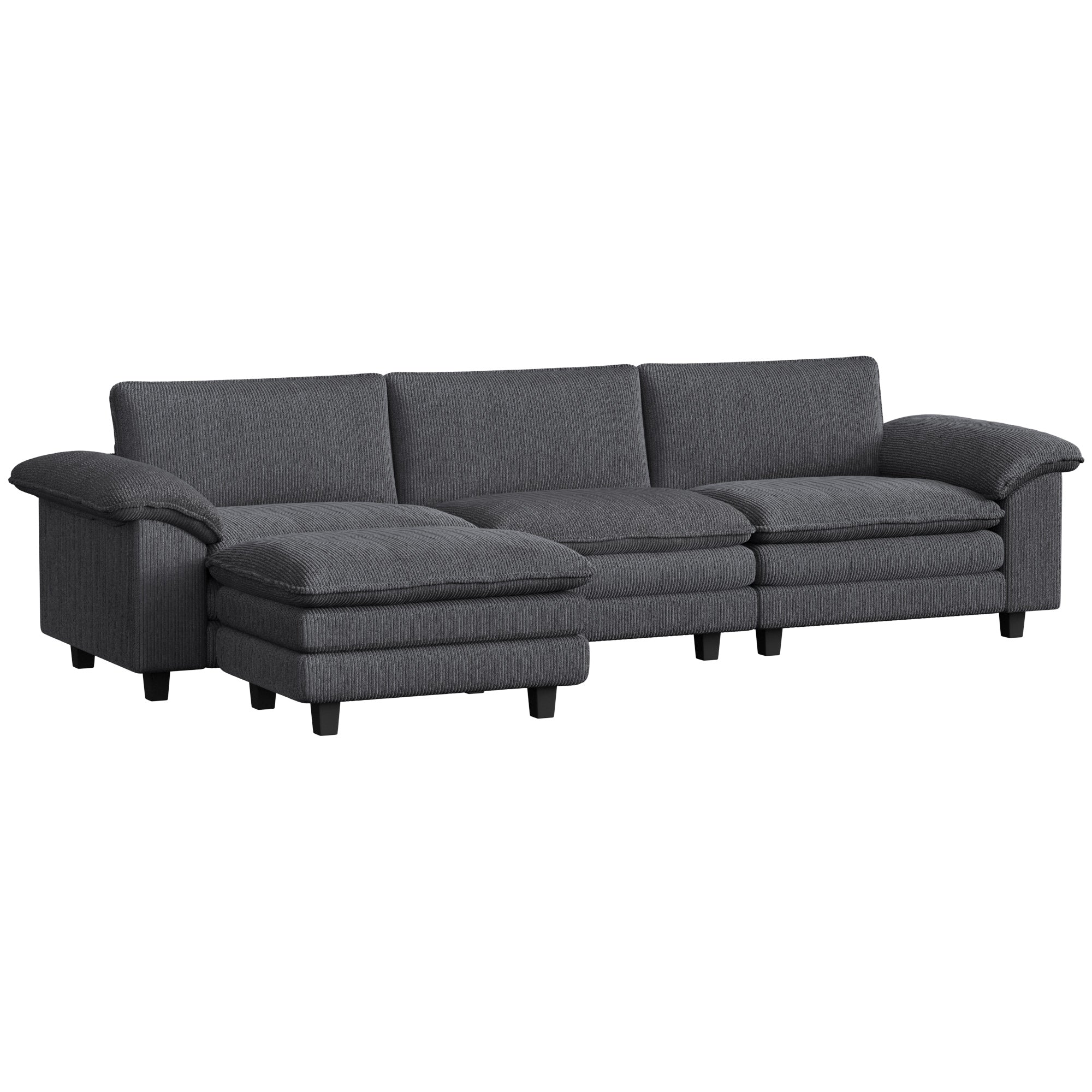 124" Sectional Sofa, L Shaped Couch with Deep Seat, Movable Ottoman and Pillow-top Armrests, Corduroy 3 Seat Sectional Couch for Living Room, 2200lb Capacity, Dark Gray