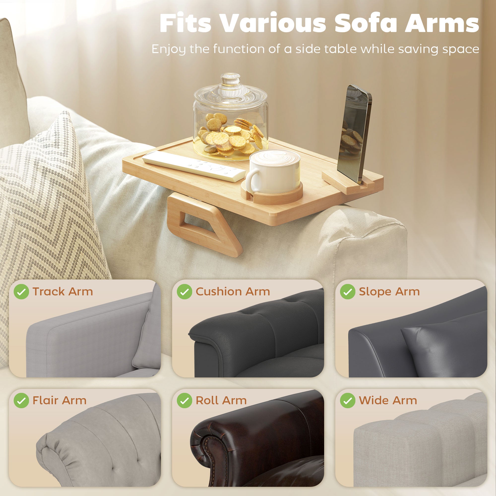 Bamboo Sofa Arm Tray, Anti-Slip Sofa Armrest Tray with 360° Phone Holder and Removable Cup Holder, Clip-On Armchair Table for Drinks, Snacks and Remote Control, Natural Wood Finish