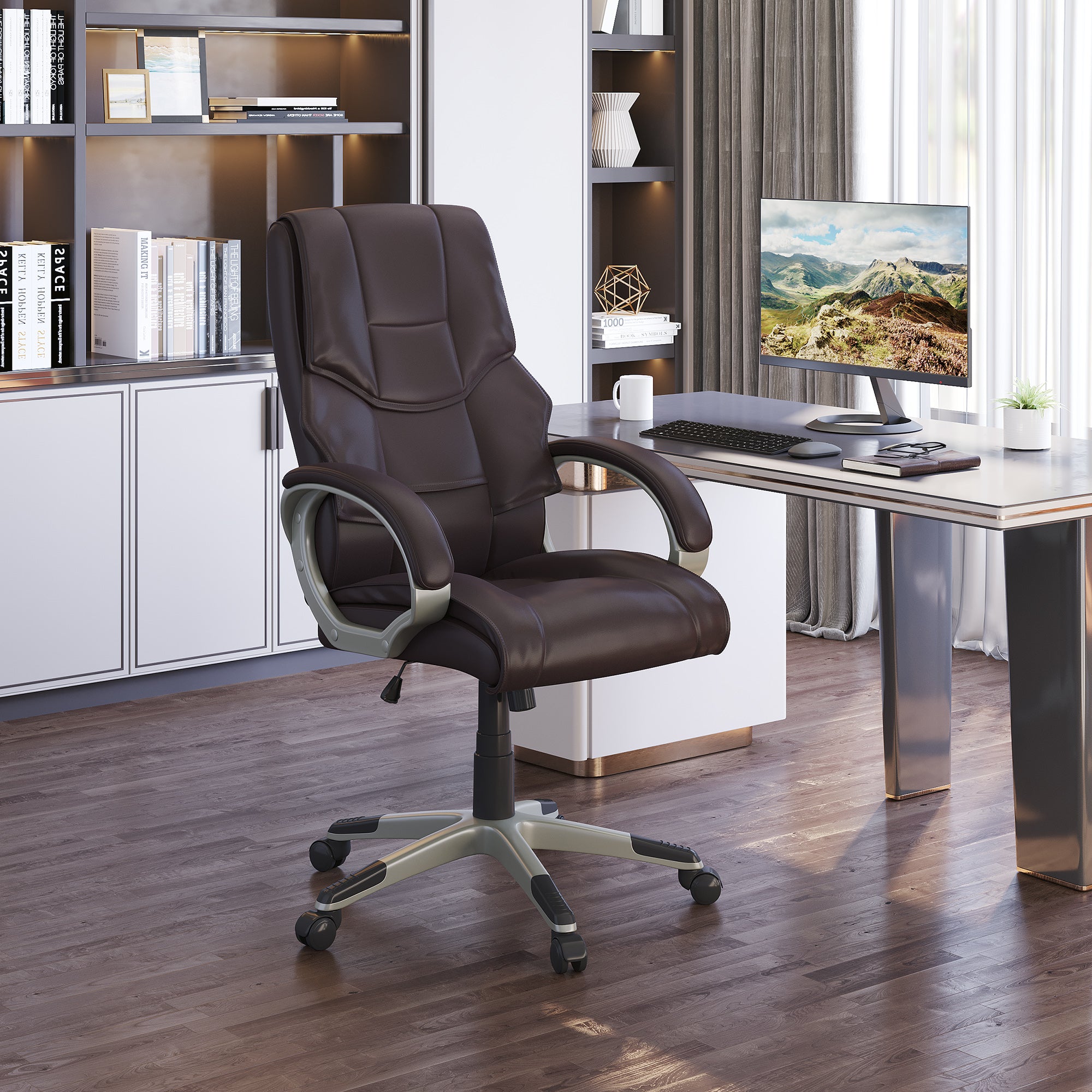 HOMCOM High Back Computer Office Chair Faux Leather Swivel Desk Chair with Adjustable Height Rocking Function Brown
