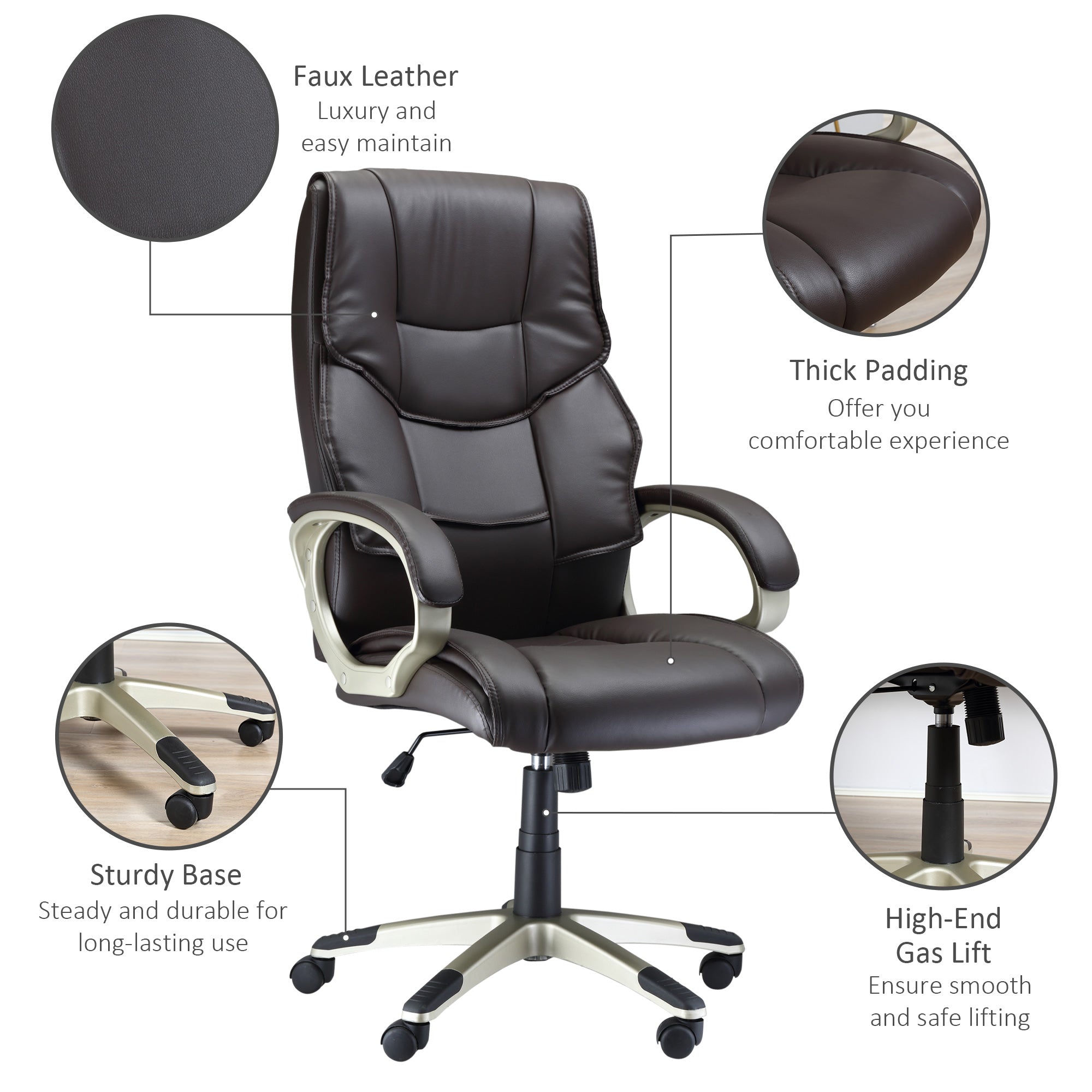 HOMCOM High Back Computer Office Chair Faux Leather Swivel Desk Chair with Adjustable Height Rocking Function Brown
