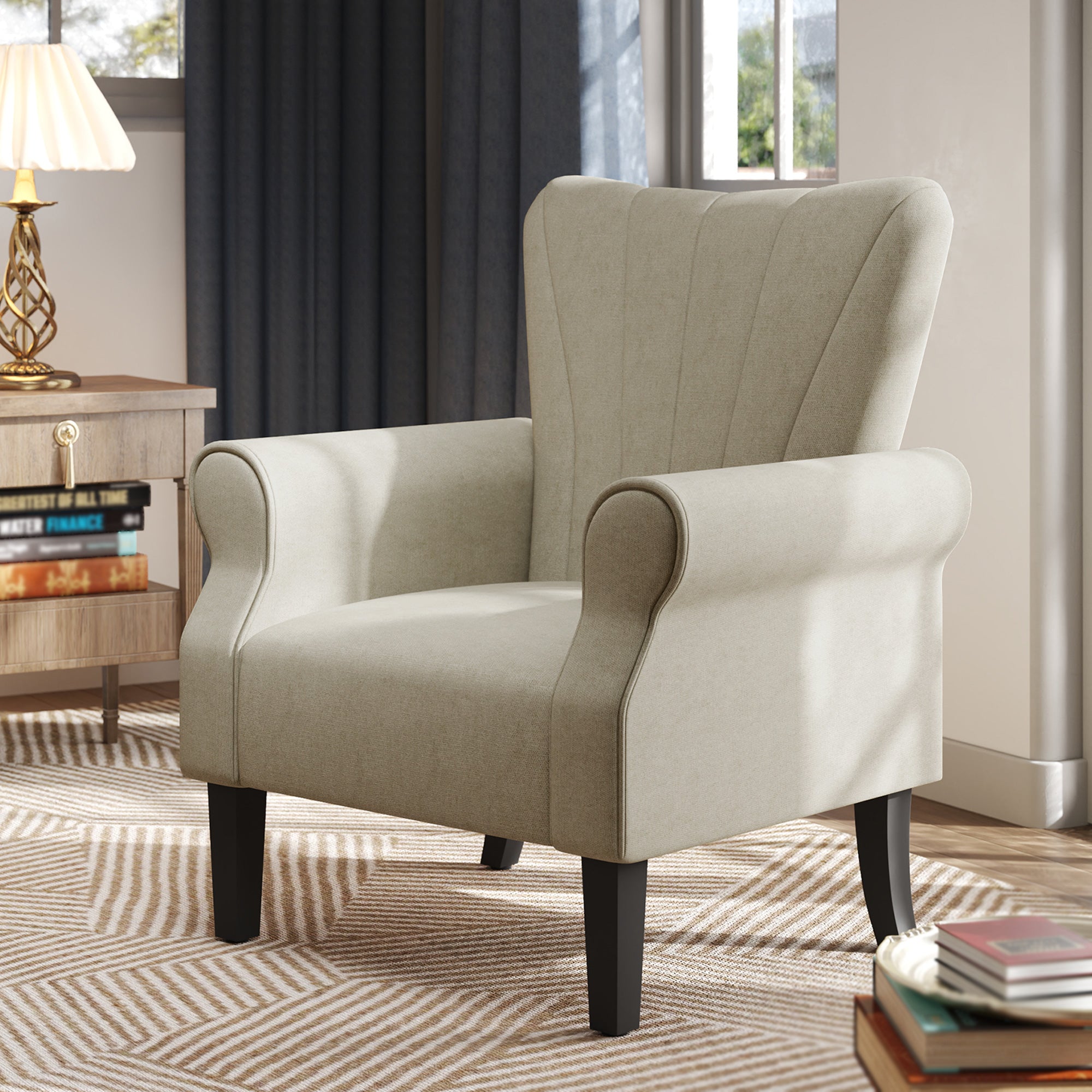 HOMCOM Armchair, Upholstered Modern Accent Chair with High Back, Rolled Arms and Wood Legs, Soft Thick Padded Living Room Chair, Beige