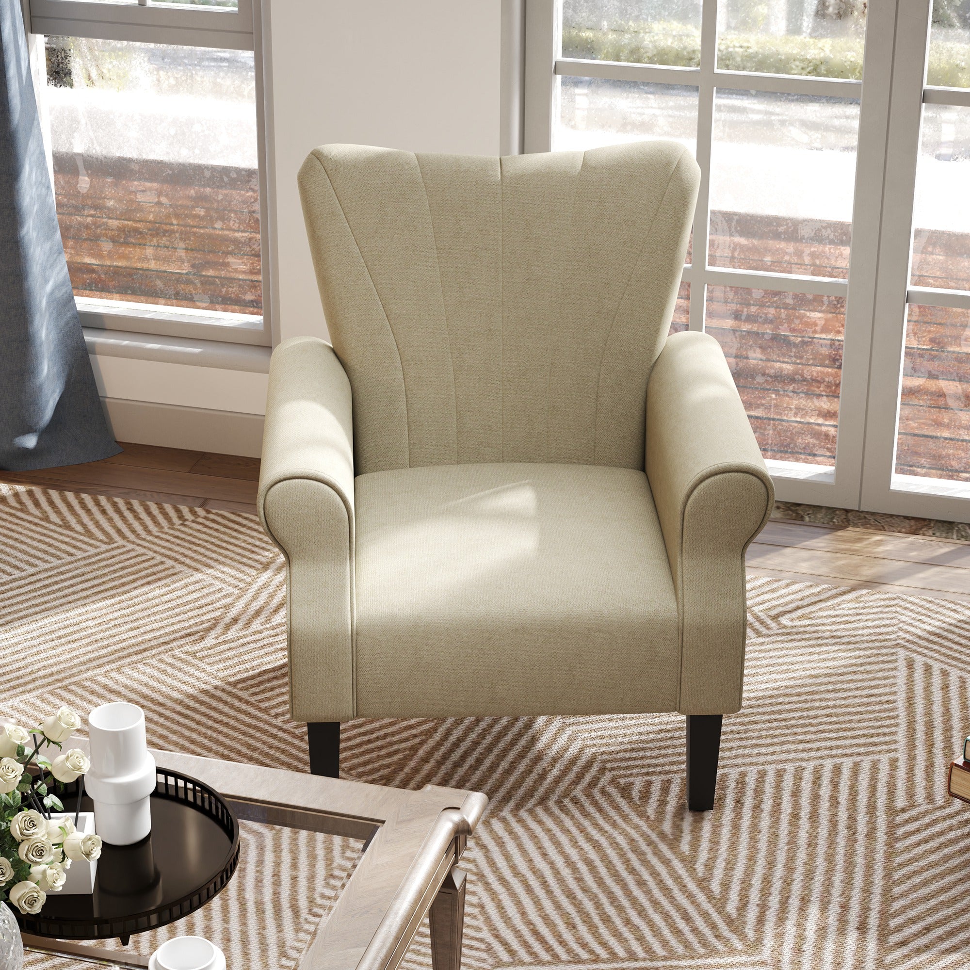 HOMCOM Armchair, Upholstered Modern Accent Chair with High Back, Rolled Arms and Wood Legs, Soft Thick Padded Living Room Chair, Beige