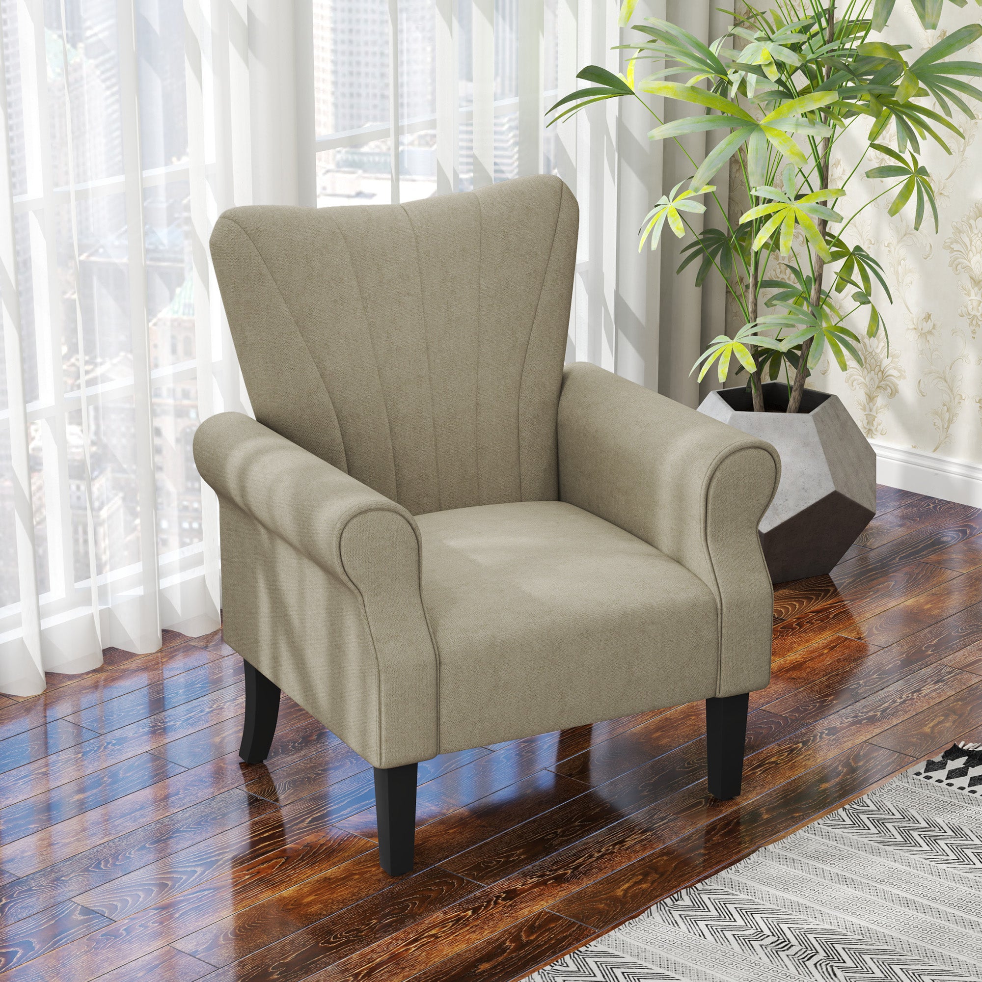 HOMCOM Armchair, Upholstered Modern Accent Chair with High Back, Rolled Arms and Wood Legs, Soft Thick Padded Living Room Chair, Beige