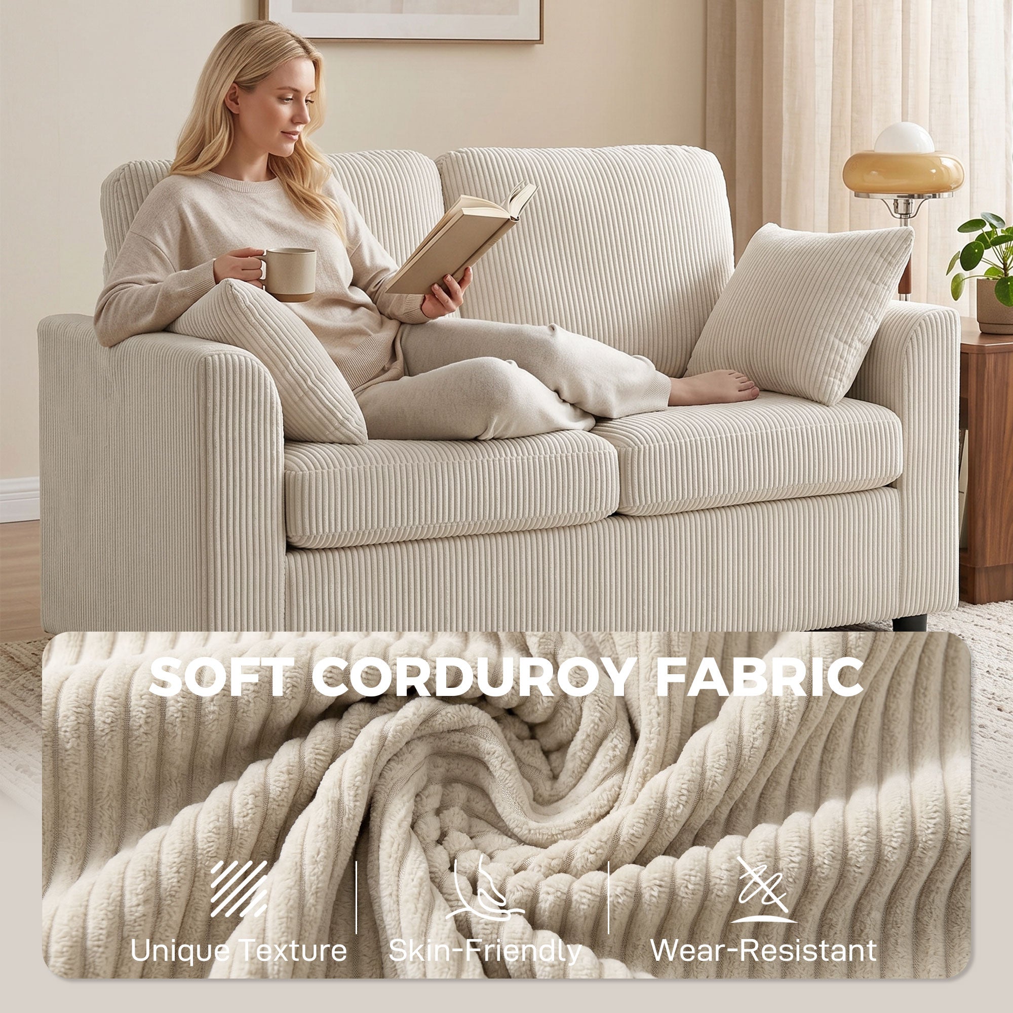 2 Seater Sofa, 144cm Corduroy Small Couch with Spring Cushion, Wide and Deep Seat, Plush Backrest, 2 Pillows, Loveseat Sofa Settee for Small Space, Living Room, Bedroom, Home Office, Beige