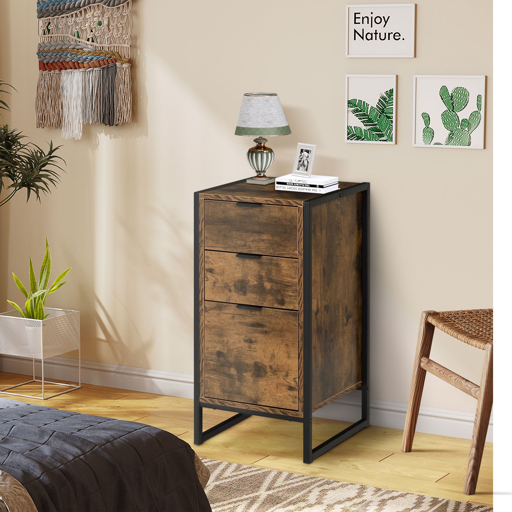 HOMCOM Bedroom Chest of Drawers, Industrial 3-Drawer Dresser, Storage Drawers Unit with Metal Frame for Living Room, Rustic Brown
