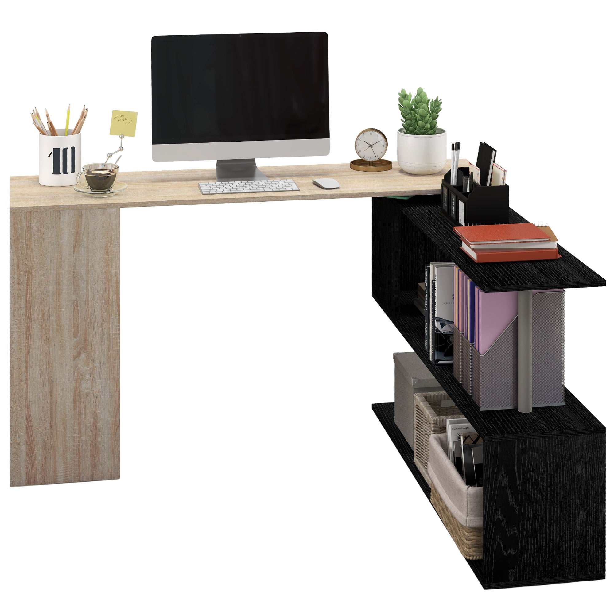 55" L-Shaped Desk, 360° Rotating Corner Computer Desk, Reversible Home Office Workstation with 3-Tier Storage Shelves, Bookshelf, Natural Wood