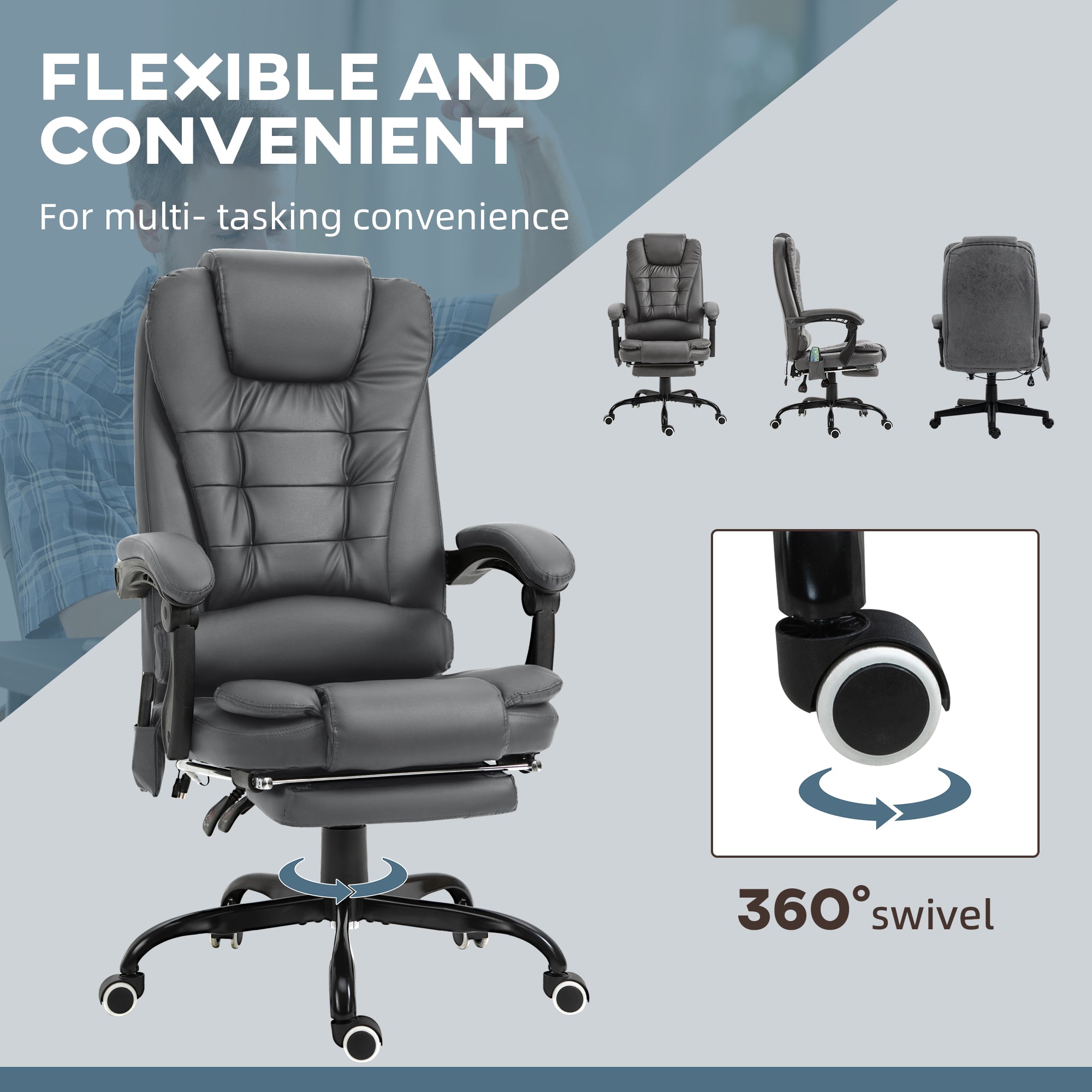 7-Point Massage Office Chair w/ Lumbar Support, Footrest & Adjustable Height, Gray