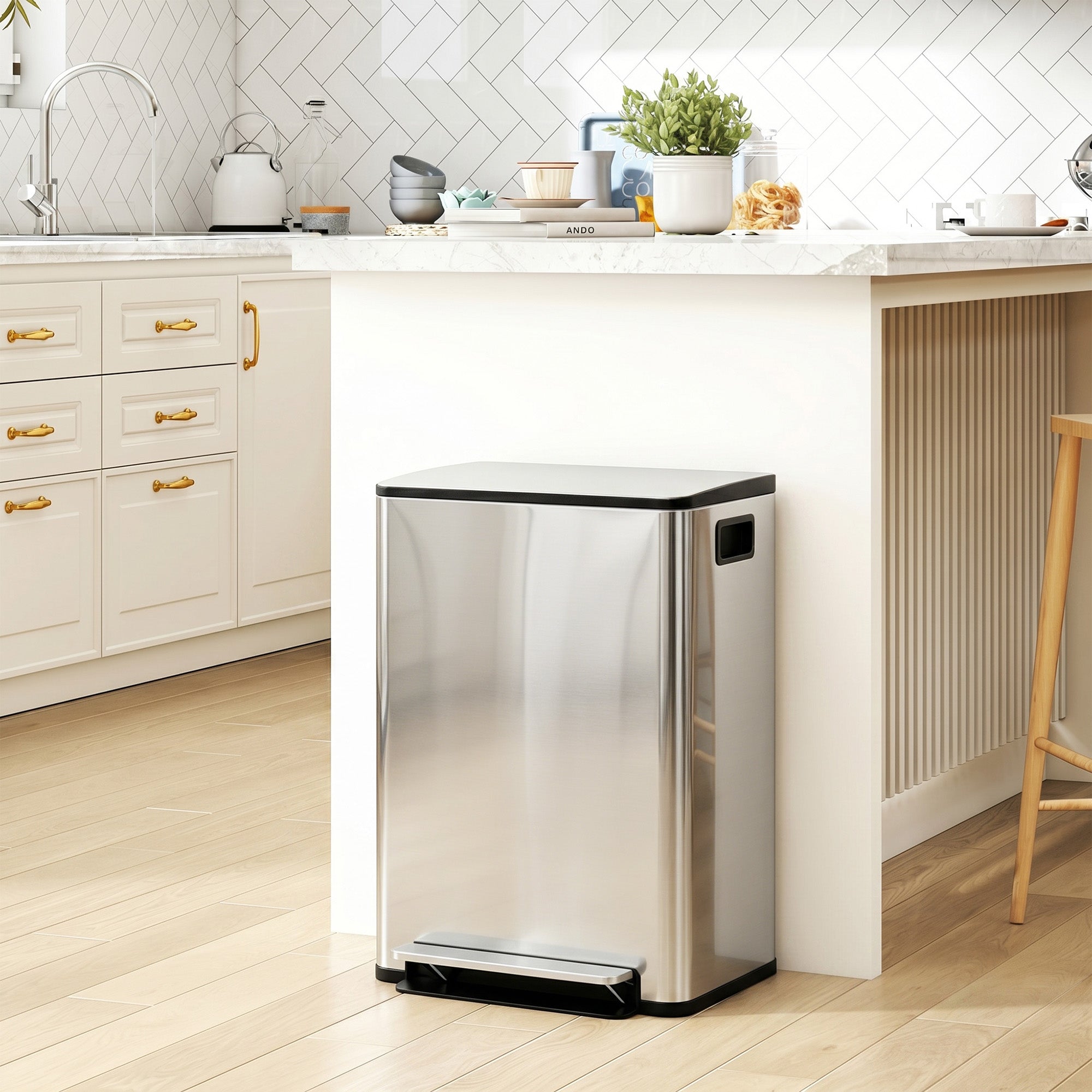 2 x 30L / 7.9 Gallon Dual Trash Can, Soft-Close Lid Stainless Steel Double Garbage Bin with Removable Inner Buckets and Handles for Kitchen, Office, Bathroom, Silver
