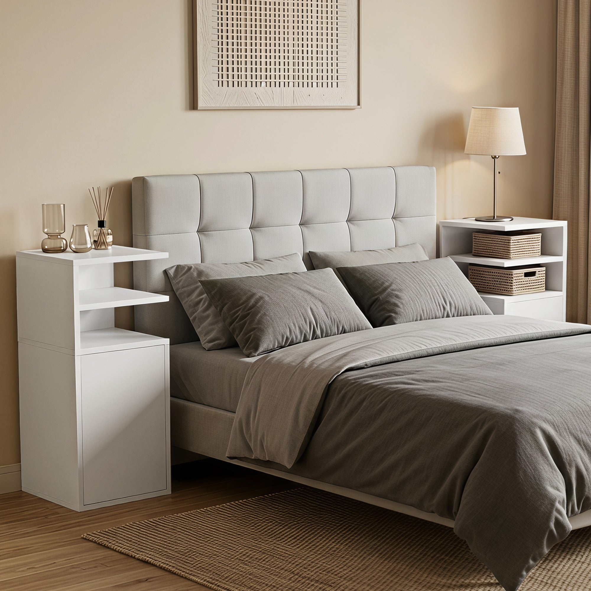 Slim Bedside Table Set of 2, Narrow Bedside Cabinet with Open Cubbies and Cupboard, Side End Table for Bedroom Living Room Compact Nooks, 30 x 25 x 60 cm, White