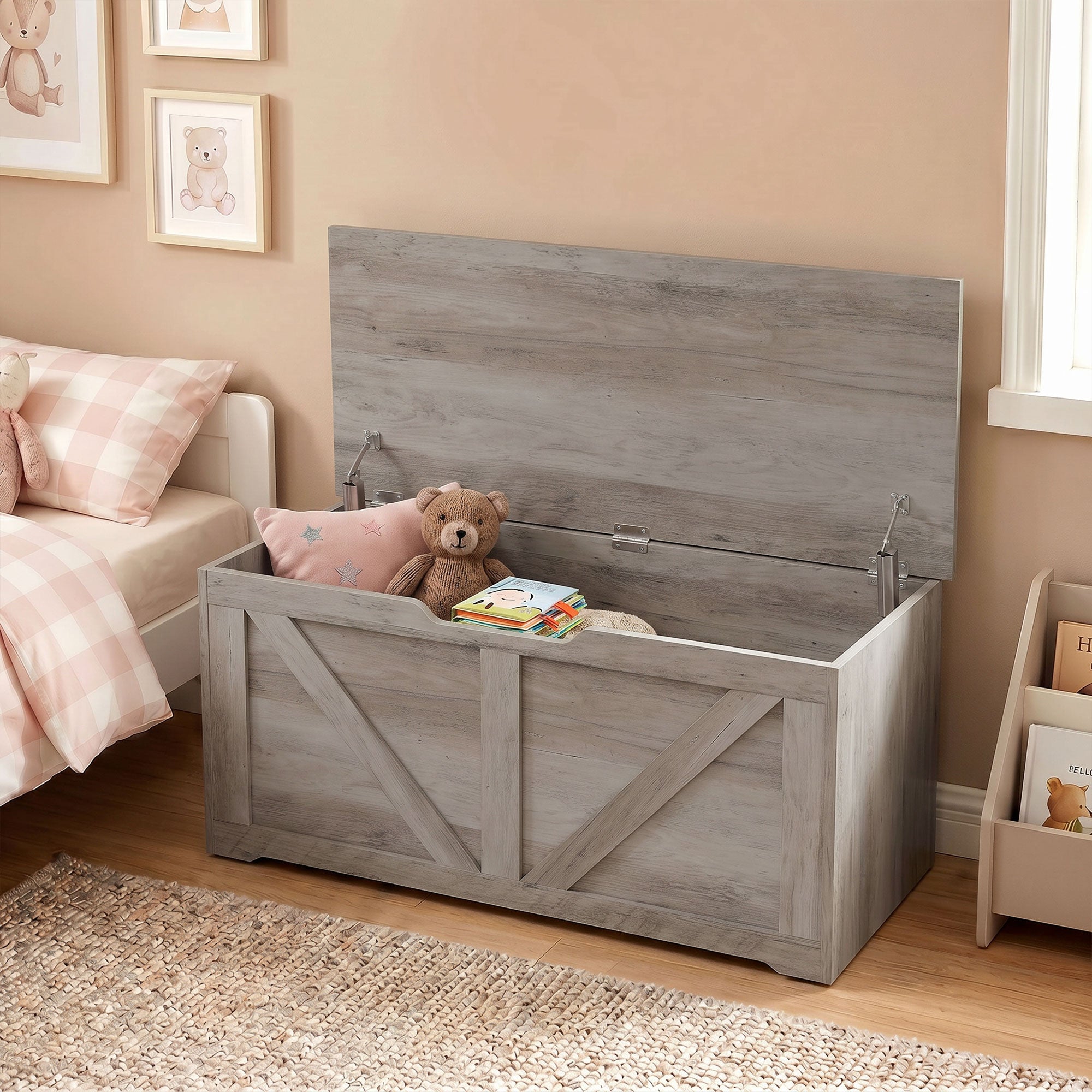 127L Storage Chest, Shoe Storage Trunk Bench Box with 2 Safety Hinges and U-shaped Cut-out Pull, Blanket Box Ottoman for Bedroom, Living Room, Entryway, 100 x 40 x 45 cm, Grey Wood-Effect