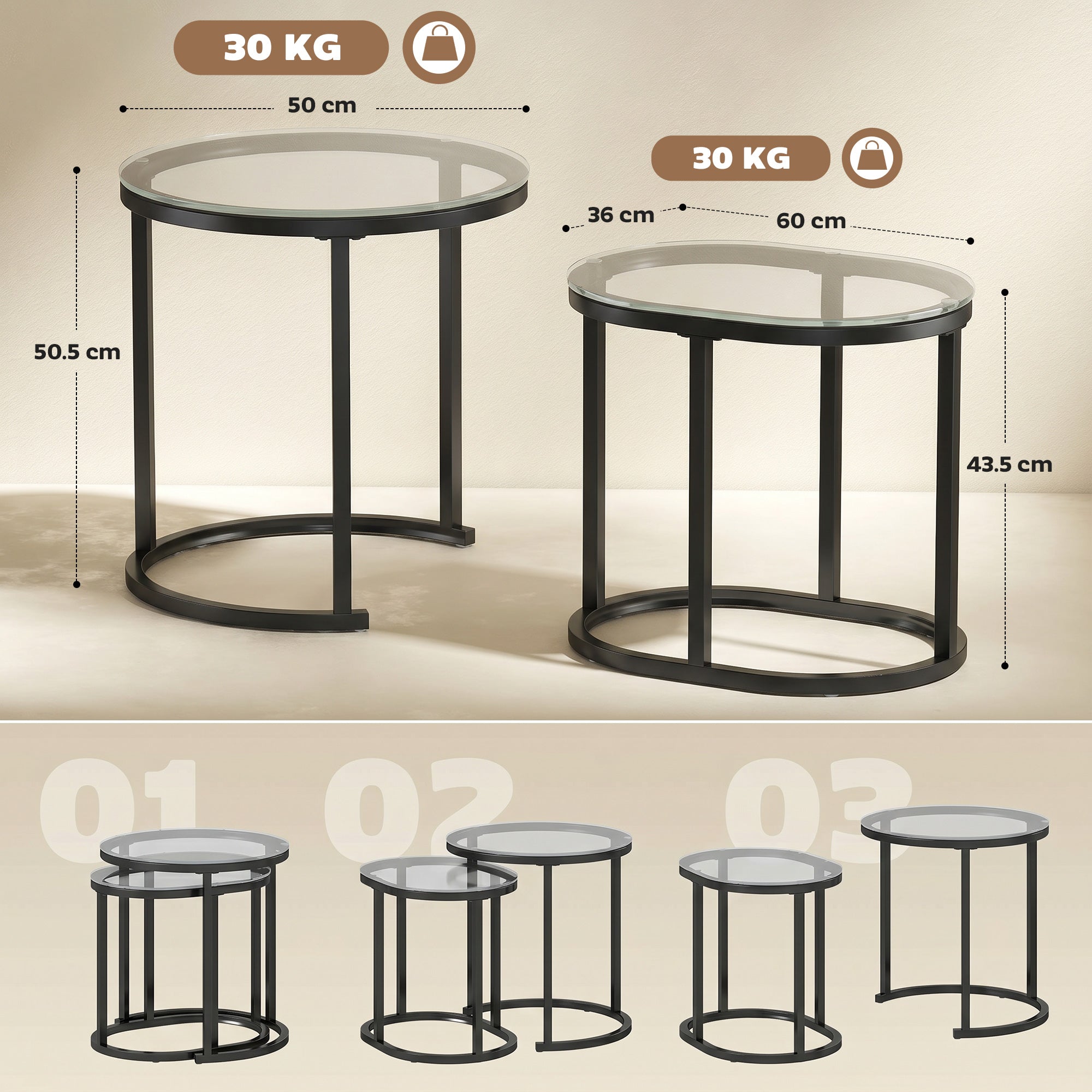 Modern Coffee Table Set of 2, Nest of Tables with Steel Frame and Tempered Glass Tabletop, Side Tables for Living Room Bedroom, Black