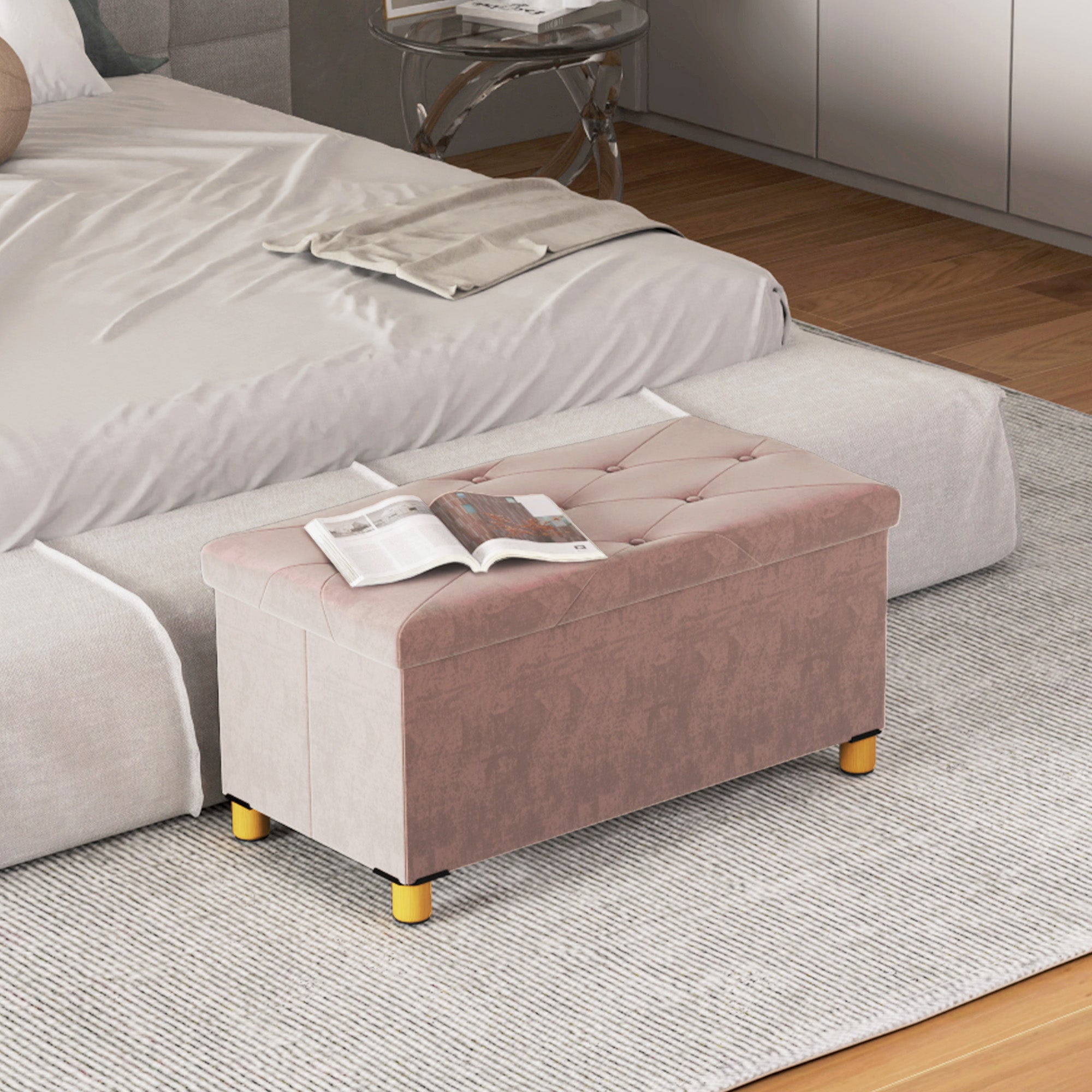 Storage Ottoman Bench, Velvet Upholstered Foldable Ottoman Footrest, Foot Stool with Wood Legs for Living Room, Bedroom, Entryway, Pink