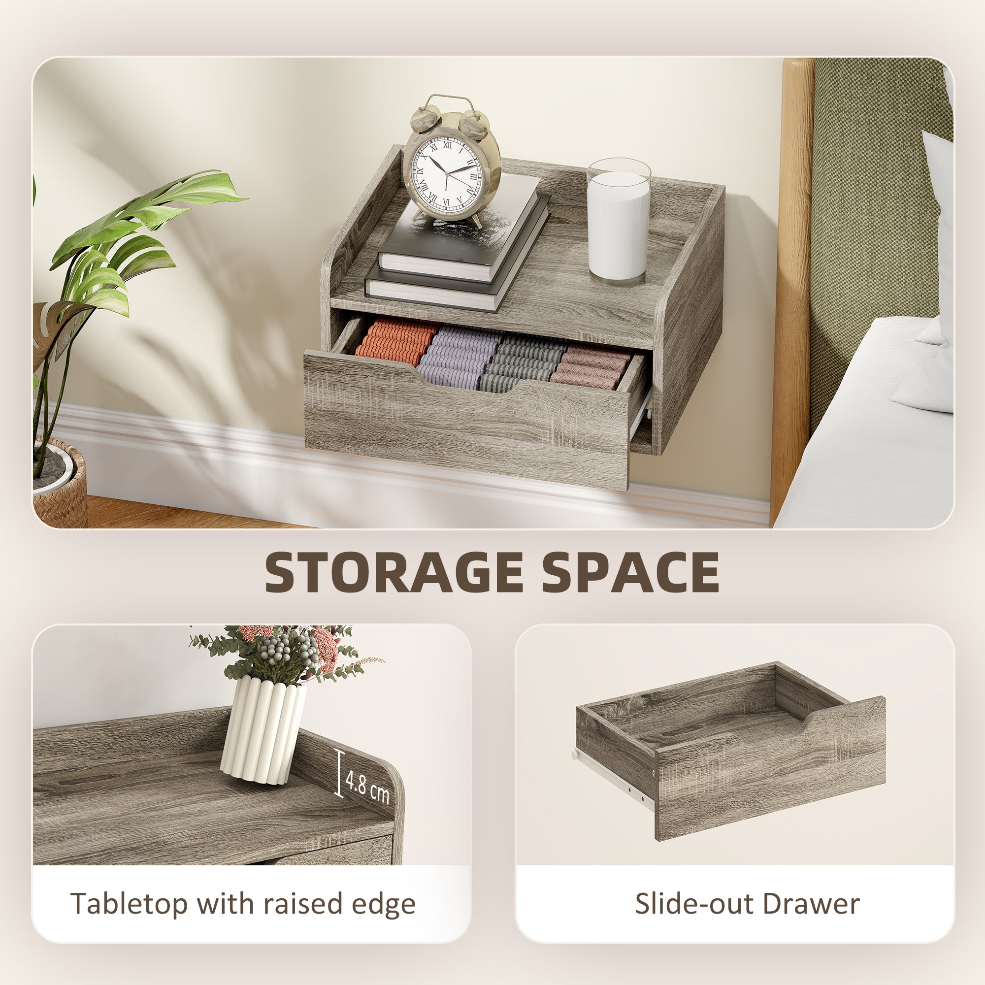 Floating Nightstands Set of 2, Wall Mounted Bedside Table with Storage Drawer for Bedroom, Grey Wood Effect