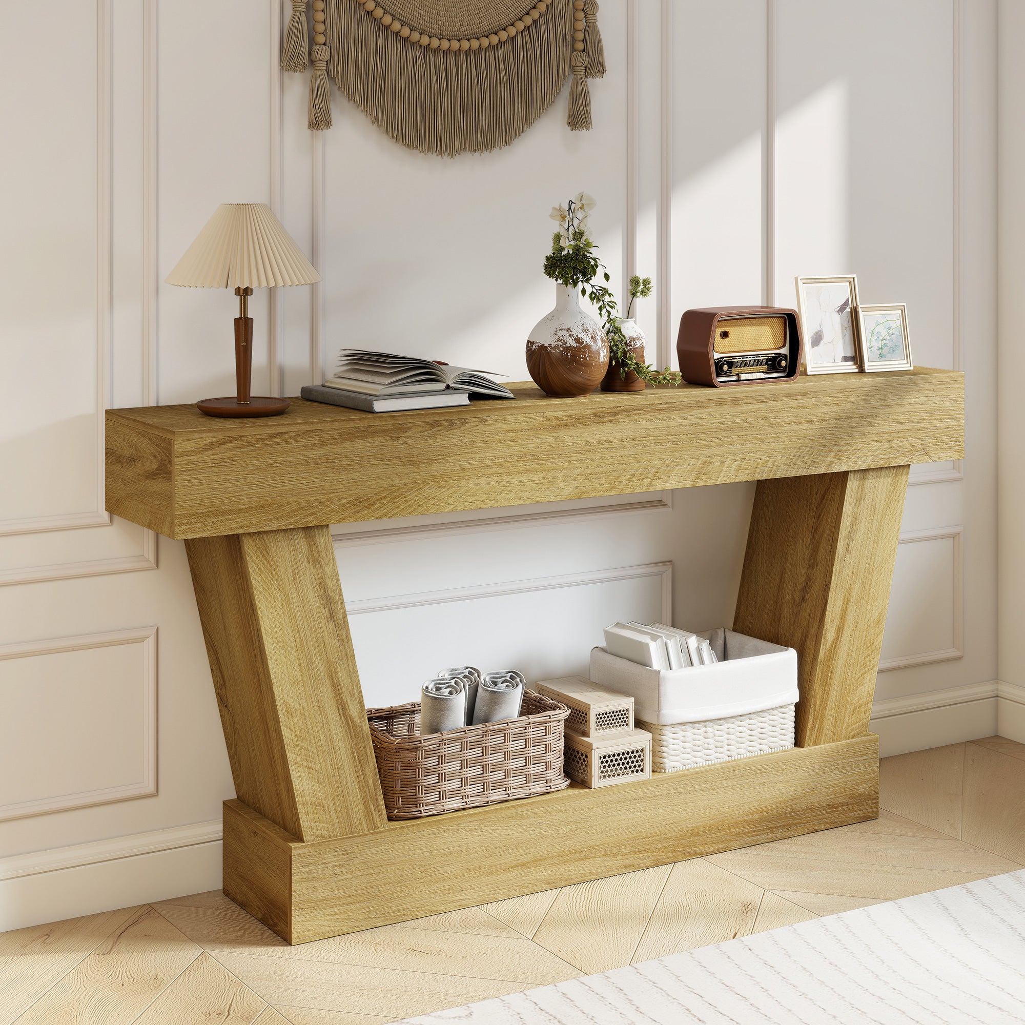 63 Inch Vintage Entryway Table, Narrow Console Tables For Entryway, Sofa Table Behind Couch with Open Shelf, for Living Room, Hallway, Oak