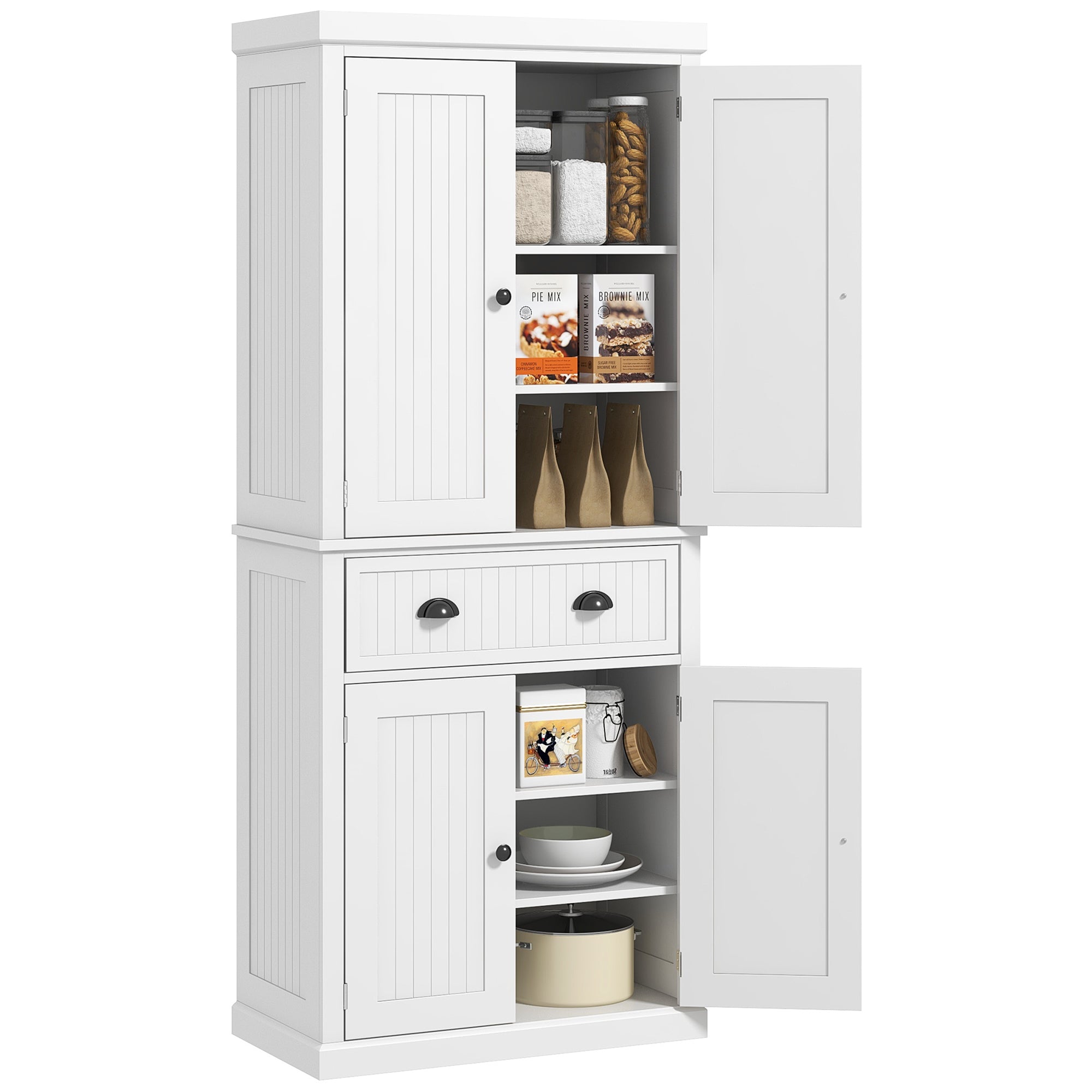 HOMCOM 183cm Freestanding Kitchen Cupboard, Tall Storage Cabinet with 4 Doors and 3 Adjustable Shelves, Traditional Kitchen Pantry Cupboard for Dining Room, White
