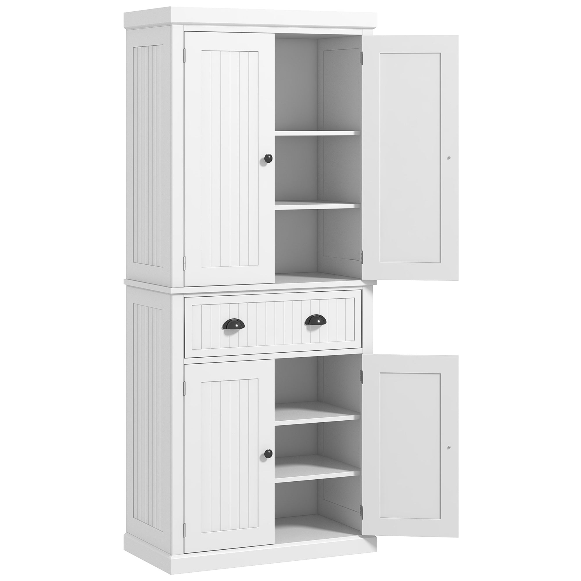 HOMCOM 183cm Freestanding Kitchen Cupboard, Tall Storage Cabinet with 4 Doors and 3 Adjustable Shelves, Traditional Kitchen Pantry Cupboard for Dining Room, White
