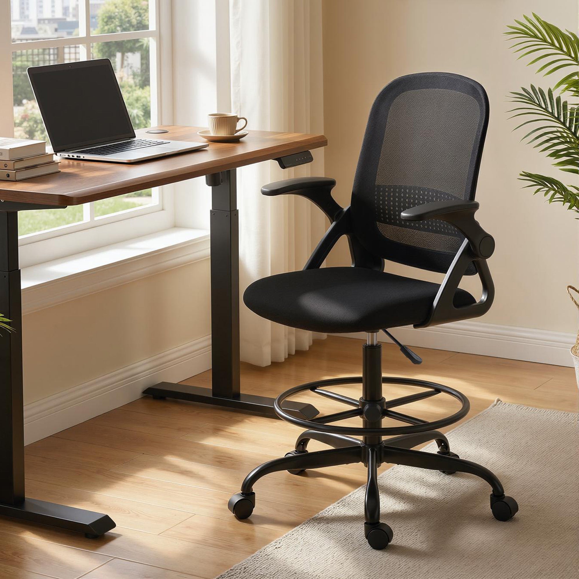 Drafting Chair, Mesh Standing Desk Chair with Flip-up Armrests, Adjustable Height and Footrest, Lumbar Support, Rolling Wheels for Home Office, Black