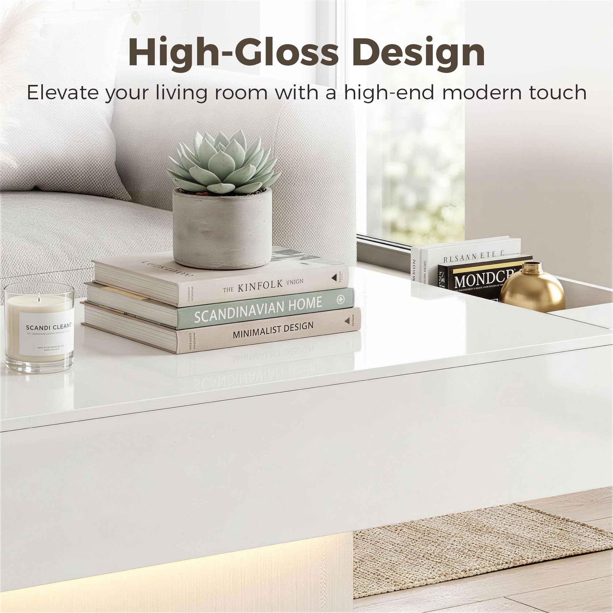 LED Coffee Table with Storage, High Gloss Modern Center Table with 2 Drawers and Remote Control for Living Room, White