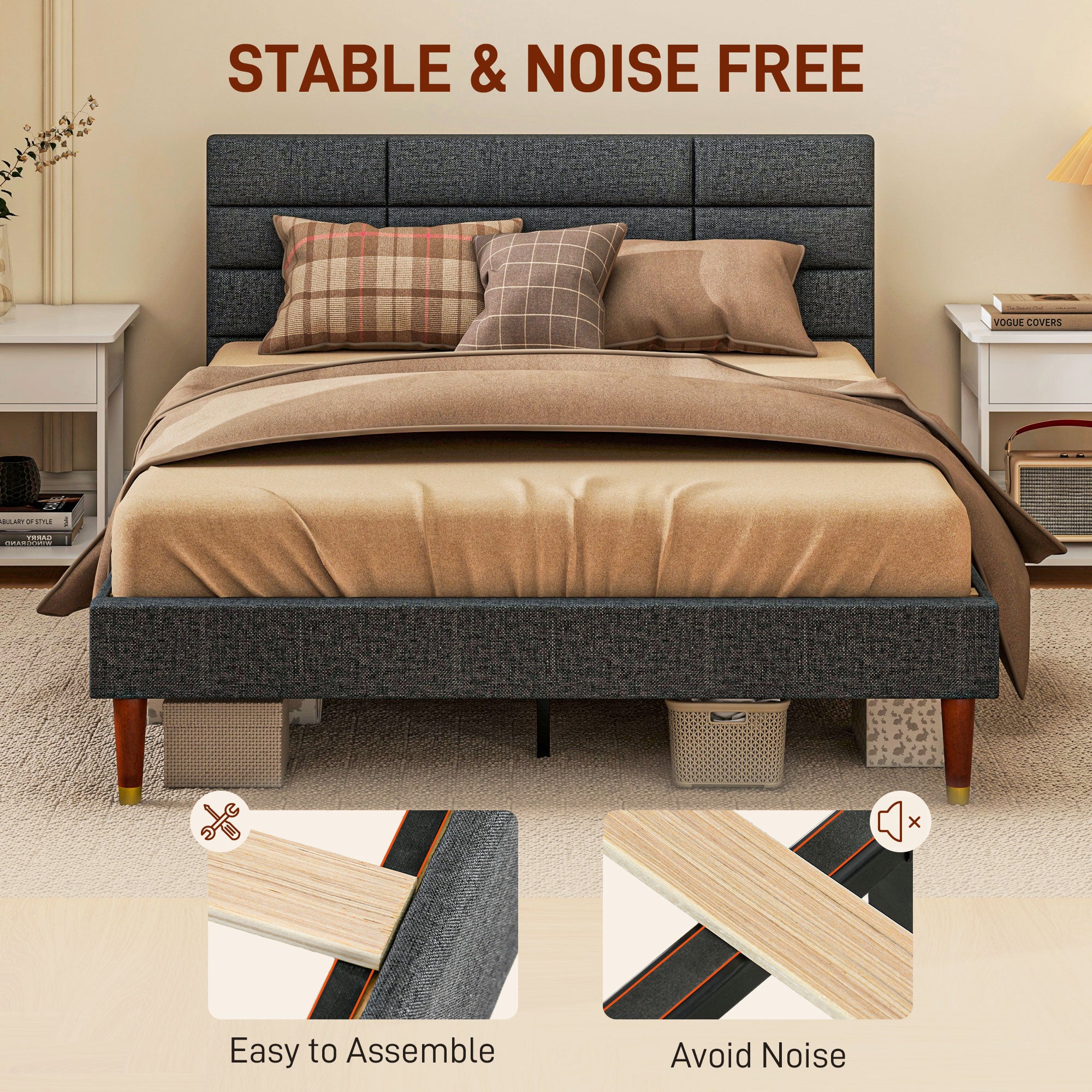 HOMCOM 4ft Double Bed Frame with Underbed Storage, Upholstered Platform Bed Frame with Tufted Headboard and Wood Slat Support, No Box Spring Needed, Easy Assembly, Grey