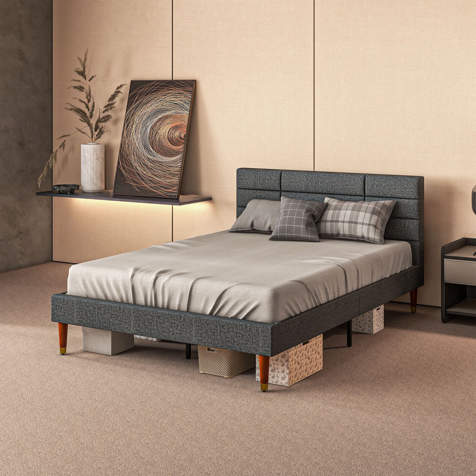 HOMCOM 4ft Double Bed Frame with Underbed Storage, Upholstered Platform Bed Frame with Tufted Headboard and Wood Slat Support, No Box Spring Needed, Easy Assembly, Grey