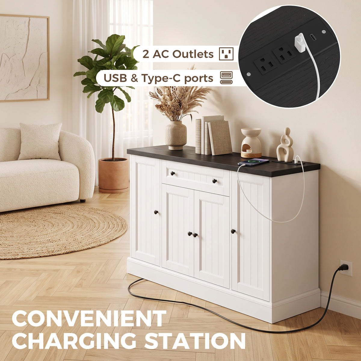 47" Farmhouse Sideboard Buffet Cabinet with Charging Station, Coffee Bar Cabinet with 3 Adjustable Shelves and 4 Doors, Kitchen Storage Cabinet with Drawer, White