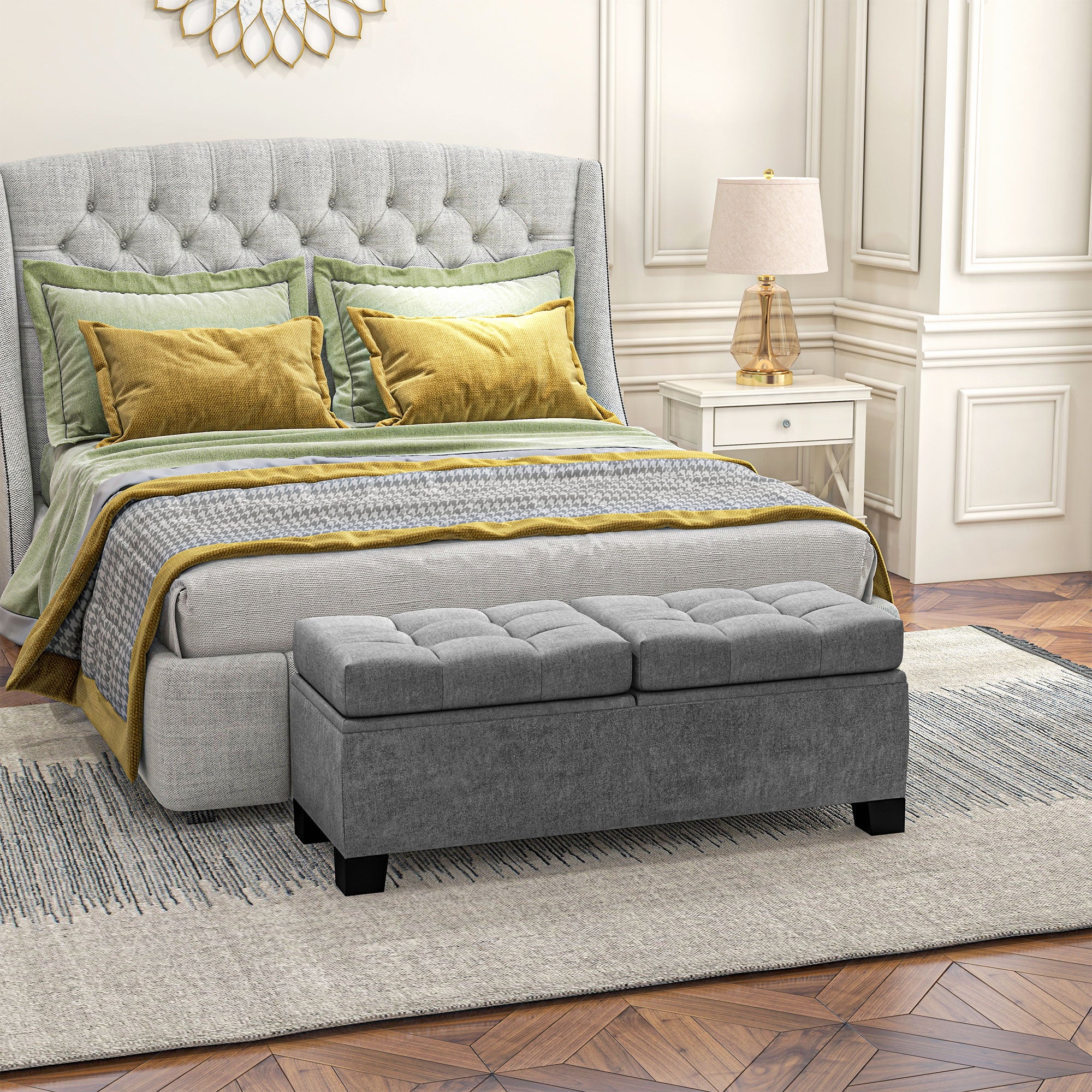 46" Storage Ottoman Bench, Steel Frame, Button Tufted & Safety Hinges, Gray