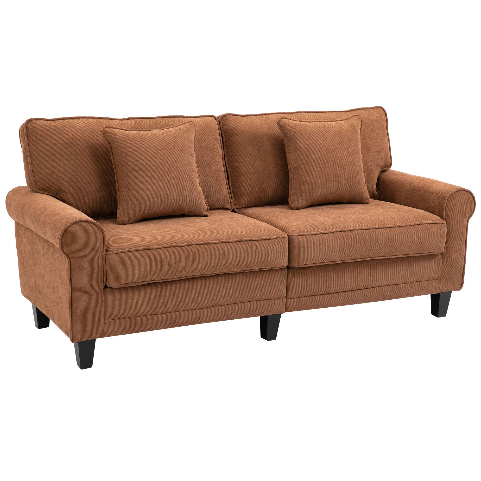 HOMCOM Modern 3-Seater Sofa, Corduroy Fabric Couch with Pine Wood Legs, Rolled Arms for Living Room, Brown