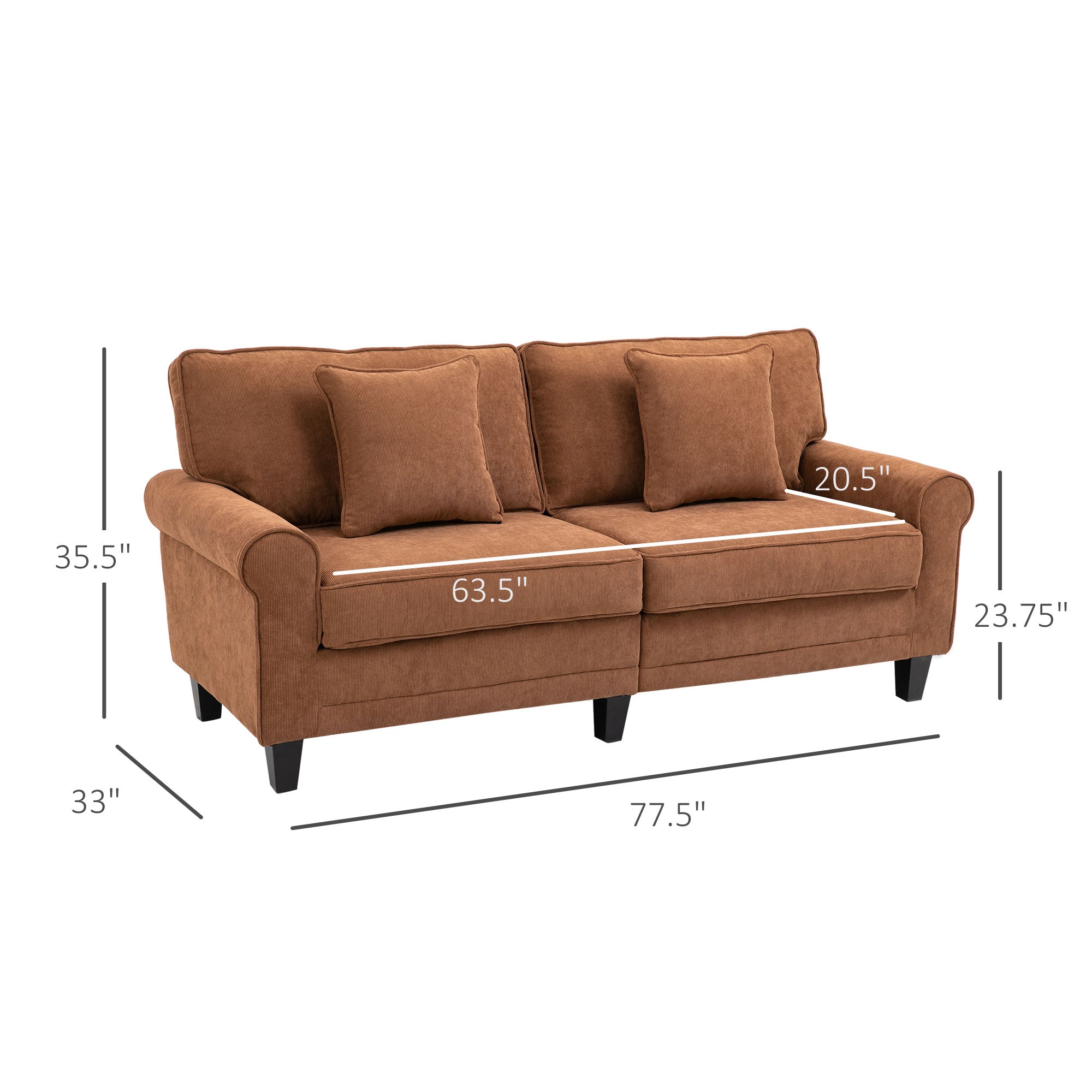 HOMCOM Modern 3-Seater Sofa, Corduroy Fabric Couch with Pine Wood Legs, Rolled Arms for Living Room, Brown