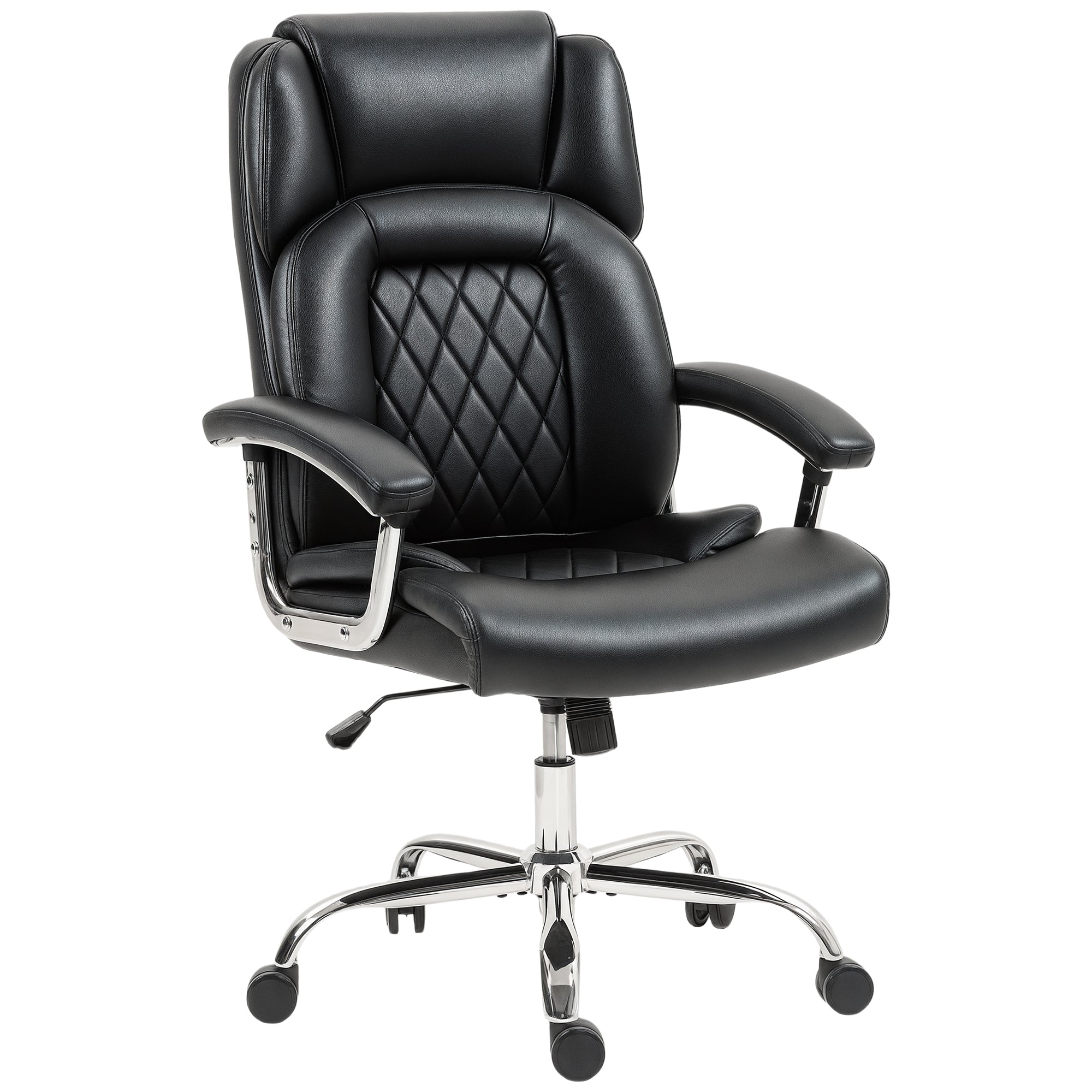 Big and Tall Office Chair 180kg, Executive PU Leather Desk Chair with Spring Cushion, Wide Seat, High Back, Adjustable Height, Swivel Wheels, Built-in Headrest, Tilt Function, Black