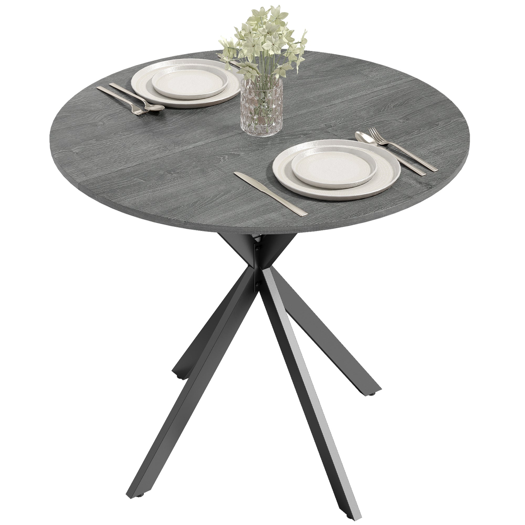 31.5" Round Dining Table, Industrial Kitchen Table with Cross Steel Legs for Dining Room, Kitchen, Living Room, Distressed Grey