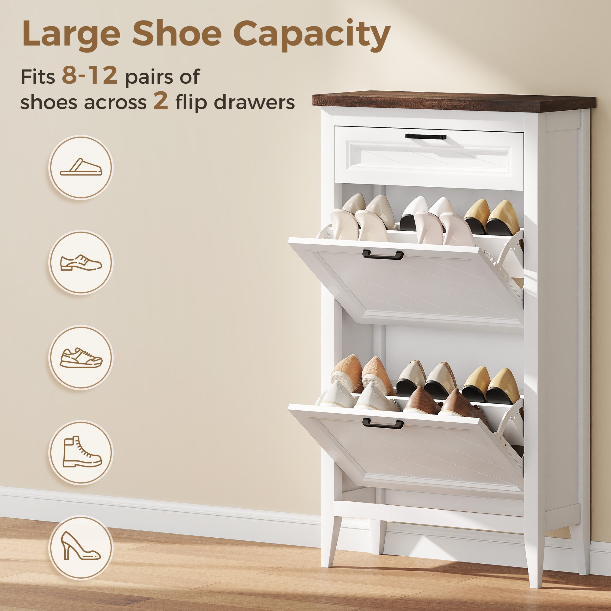 Shoe Cabinet with 2 Flip Drawers, Farmhouse Narrow Shoe Storage Cabinet with Adjustable Shelves, Storage Drawer, Freestanding for Entryway, Hallway, Living Room, Holds 8-12 Pairs, White