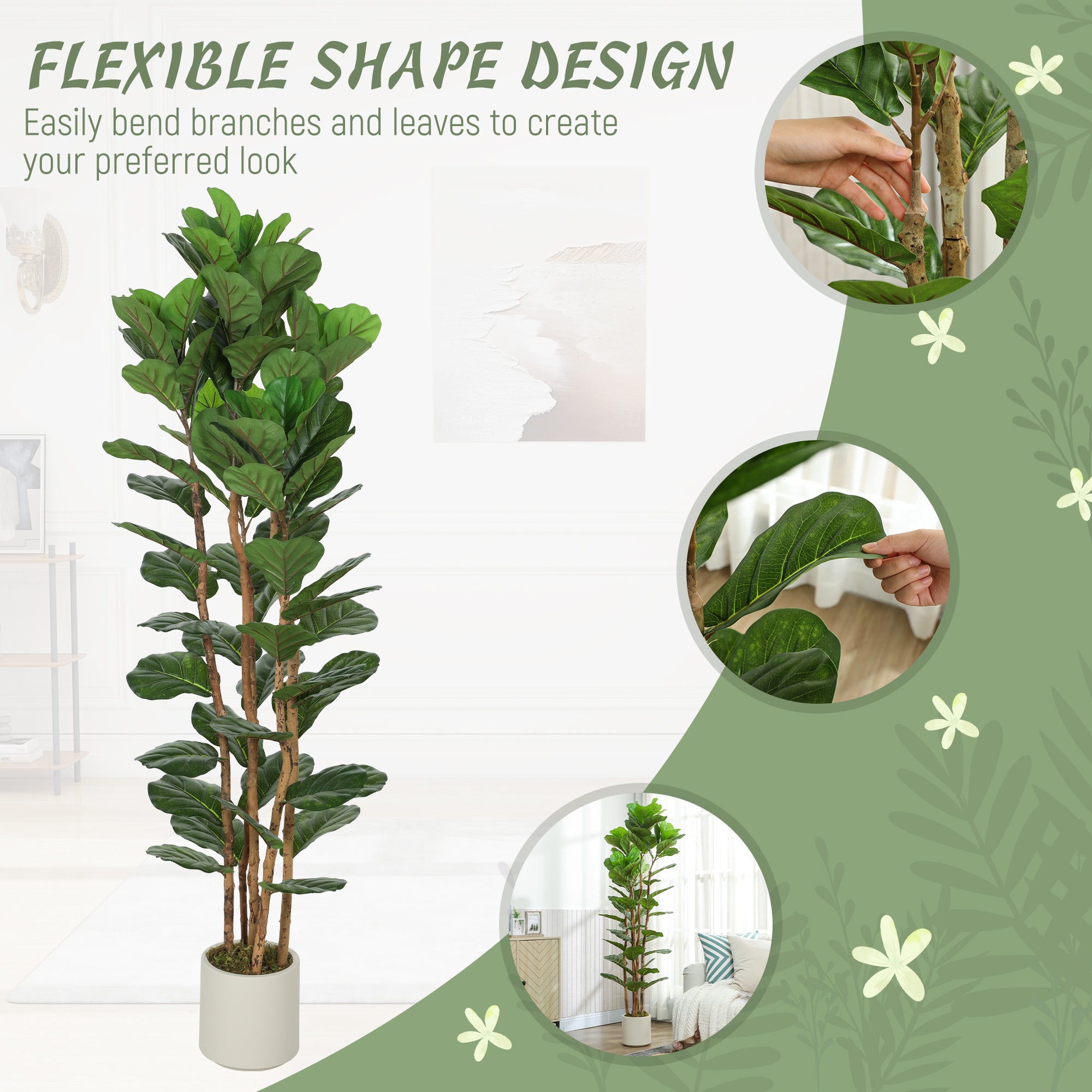6FT Artificial Fiddle Leaf Fig Tree Set of 2 with Solid Wood Trunks, Lifelike Fake Tree with 91 Leaves in Pot for Indoor Living Room Office Home Decor, Green
