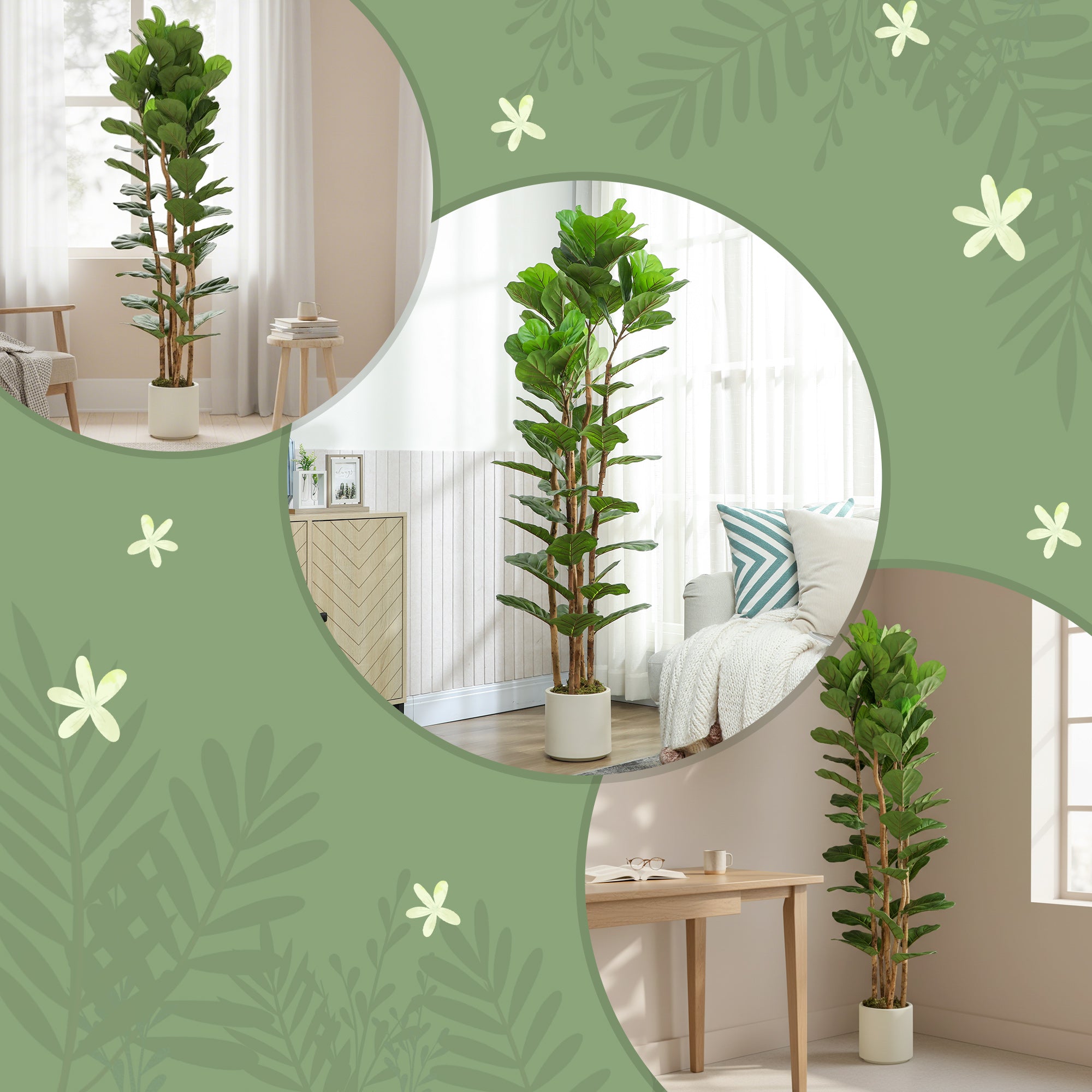 6FT Artificial Fiddle Leaf Fig Tree Set of 2 with Solid Wood Trunks, Lifelike Fake Tree with 91 Leaves in Pot for Indoor Living Room Office Home Decor, Green