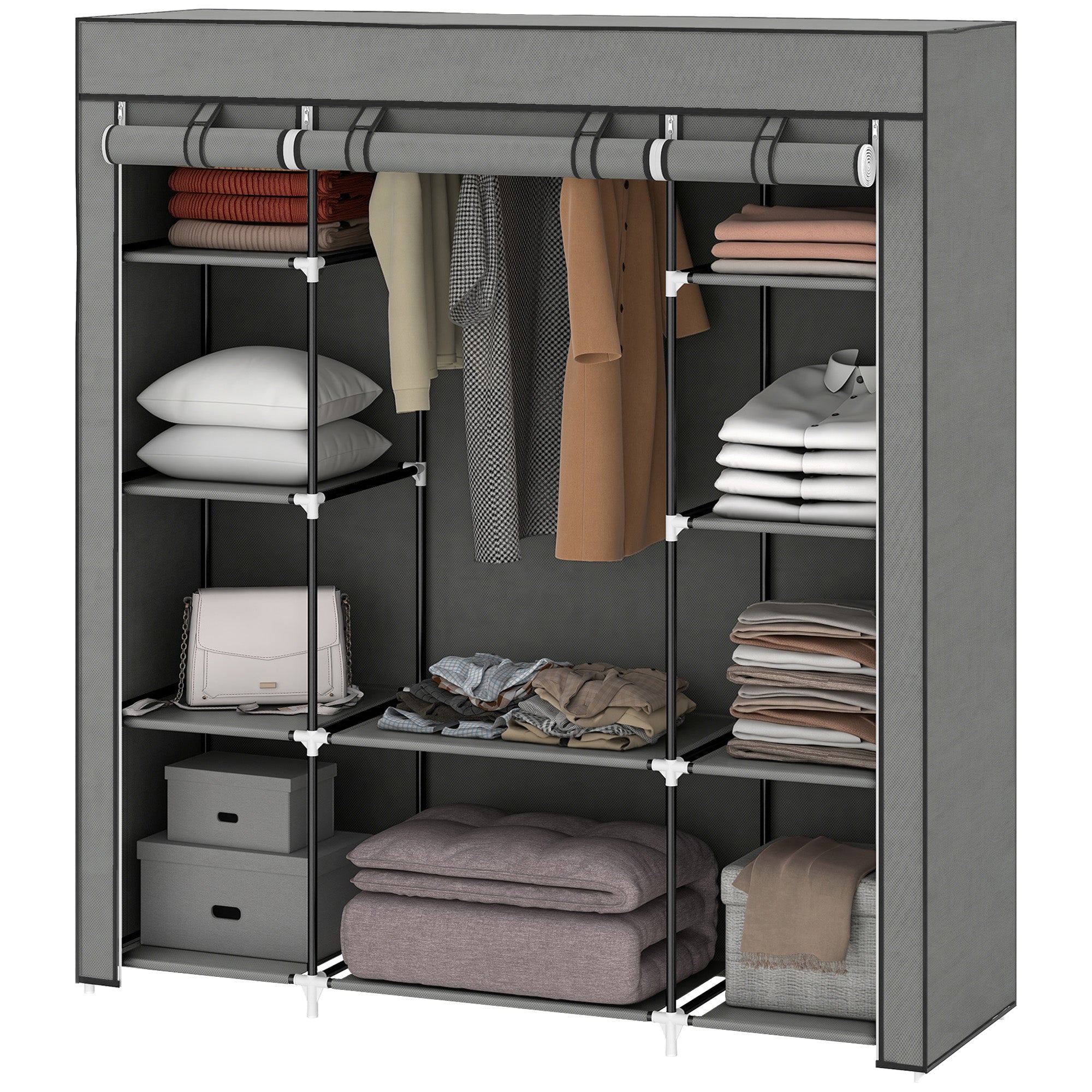 Portable Wardrobe, Foldable Fabric Wardrobe, 150 x 43 x 162.5cm, Clothes Storage Organiser with Hanging Rail, Shelves, Fabric Cover for Bedroom, Dark Grey