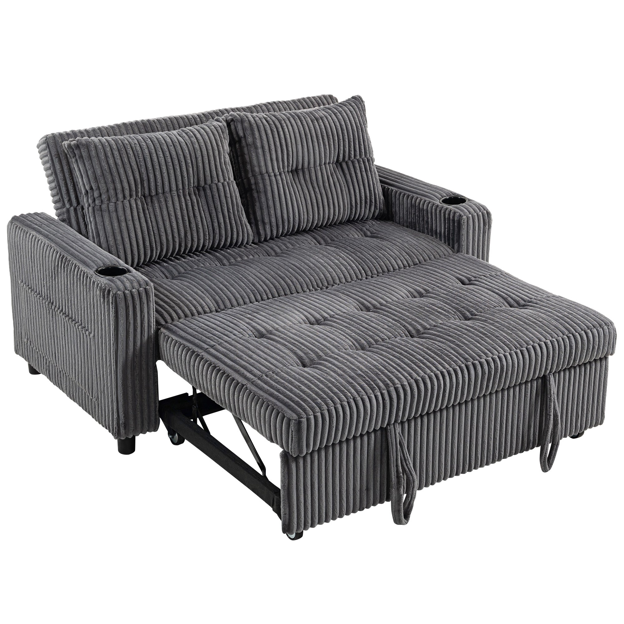2 Seater Sofa Bed, Corduroy Click Clack Sleeper Sofa with Pull Out Design, 2 Pillows, Cup Holders, Side Pockets, Convertible Loveseat Bed Settee for Living Room, 157x190cm, Charcoal Grey