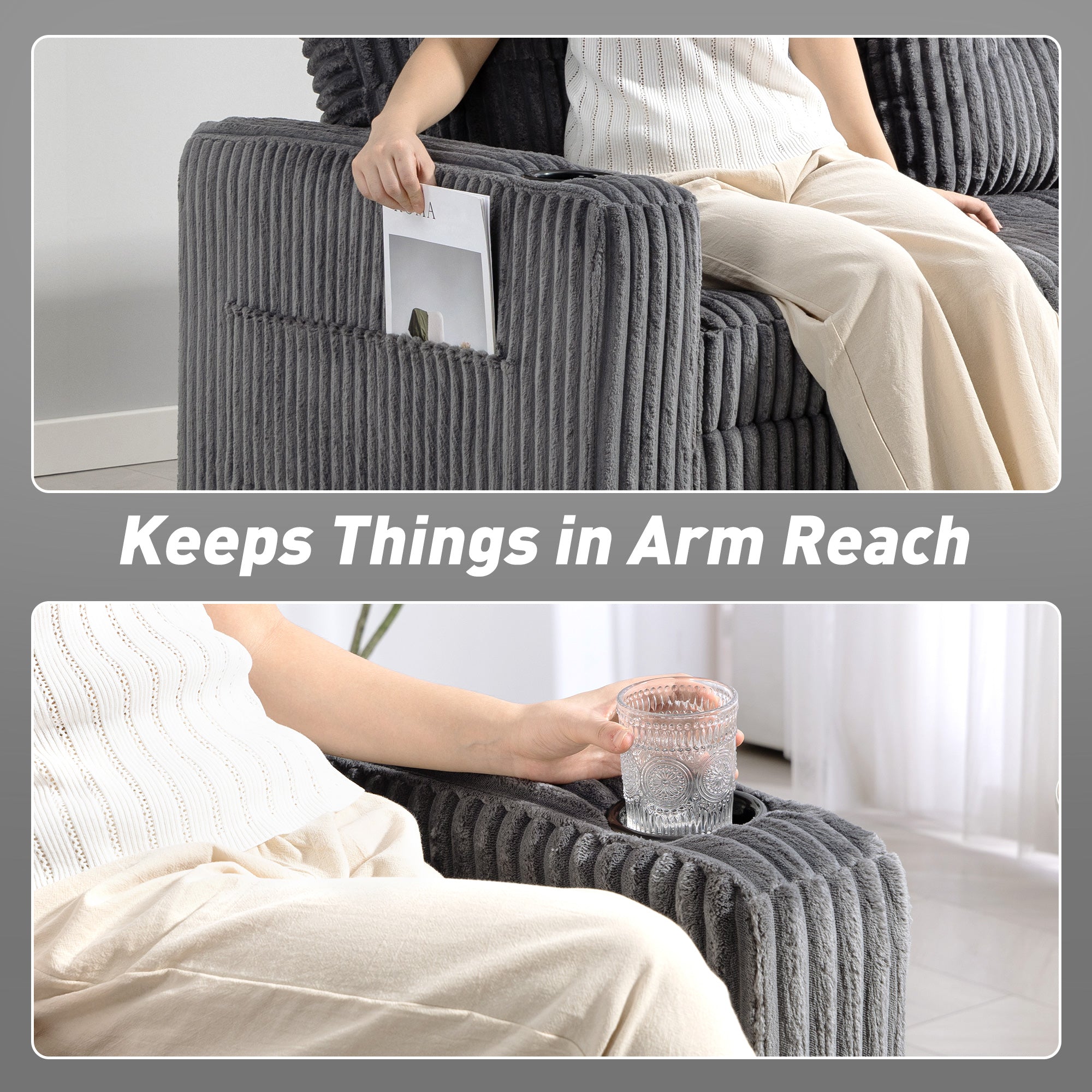 2 Seater Sofa Bed, Corduroy Click Clack Sleeper Sofa with Pull Out Design, 2 Pillows, Cup Holders, Side Pockets, Convertible Loveseat Bed Settee for Living Room, 157x190cm, Charcoal Grey