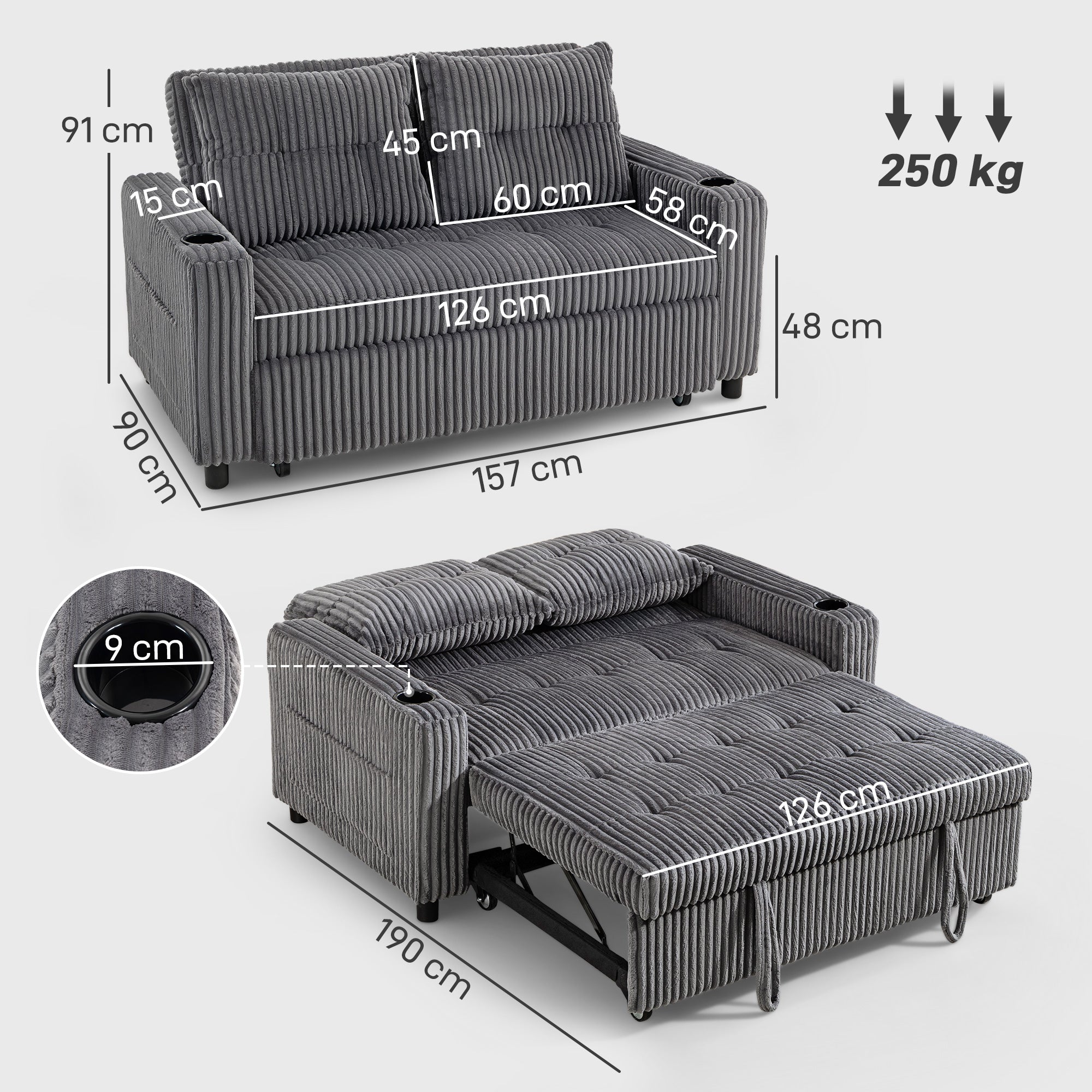 2 Seater Sofa Bed, Corduroy Click Clack Sleeper Sofa with Pull Out Design, 2 Pillows, Cup Holders, Side Pockets, Convertible Loveseat Bed Settee for Living Room, 157x190cm, Charcoal Grey