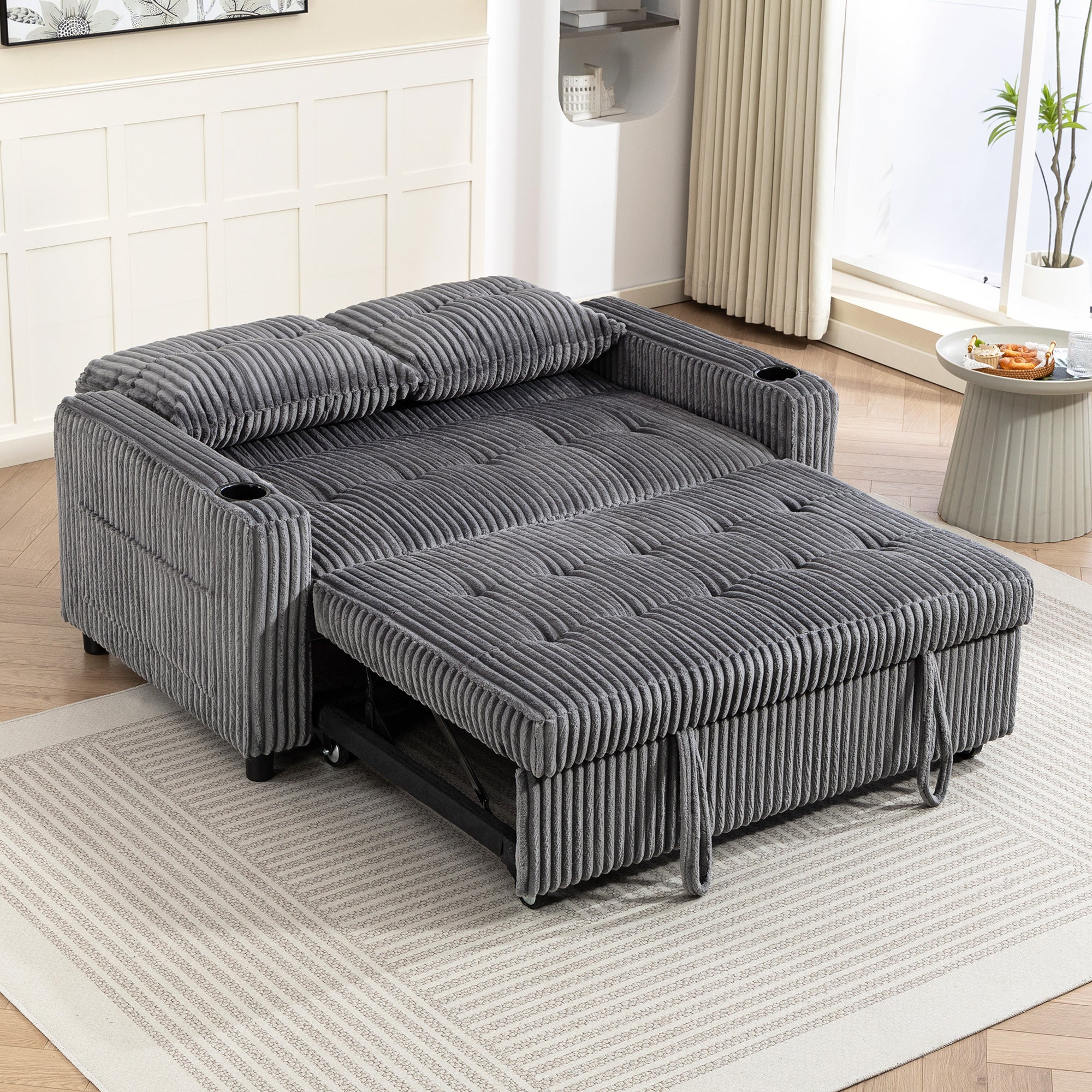 2 Seater Sofa Bed, Corduroy Click Clack Sleeper Sofa with Pull Out Design, 2 Pillows, Cup Holders, Side Pockets, Convertible Loveseat Bed Settee for Living Room, 157x190cm, Charcoal Grey