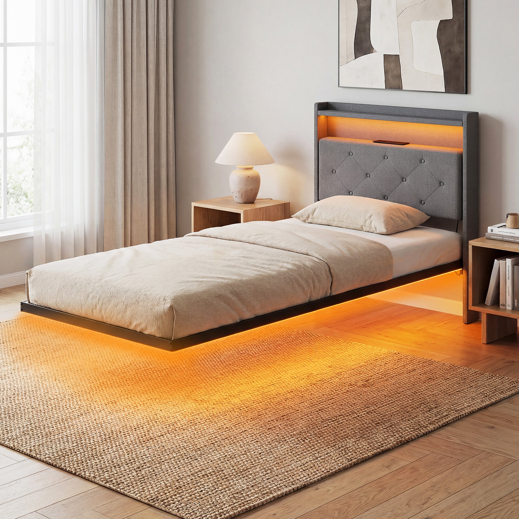3ft Single Size Bed Frame, Floating Bed Frame with Music Sync RGB LED Lights and Charging Station, Upholstered Headboard with Storage Shelves, No Box Spring Needed, Noise Free, Grey