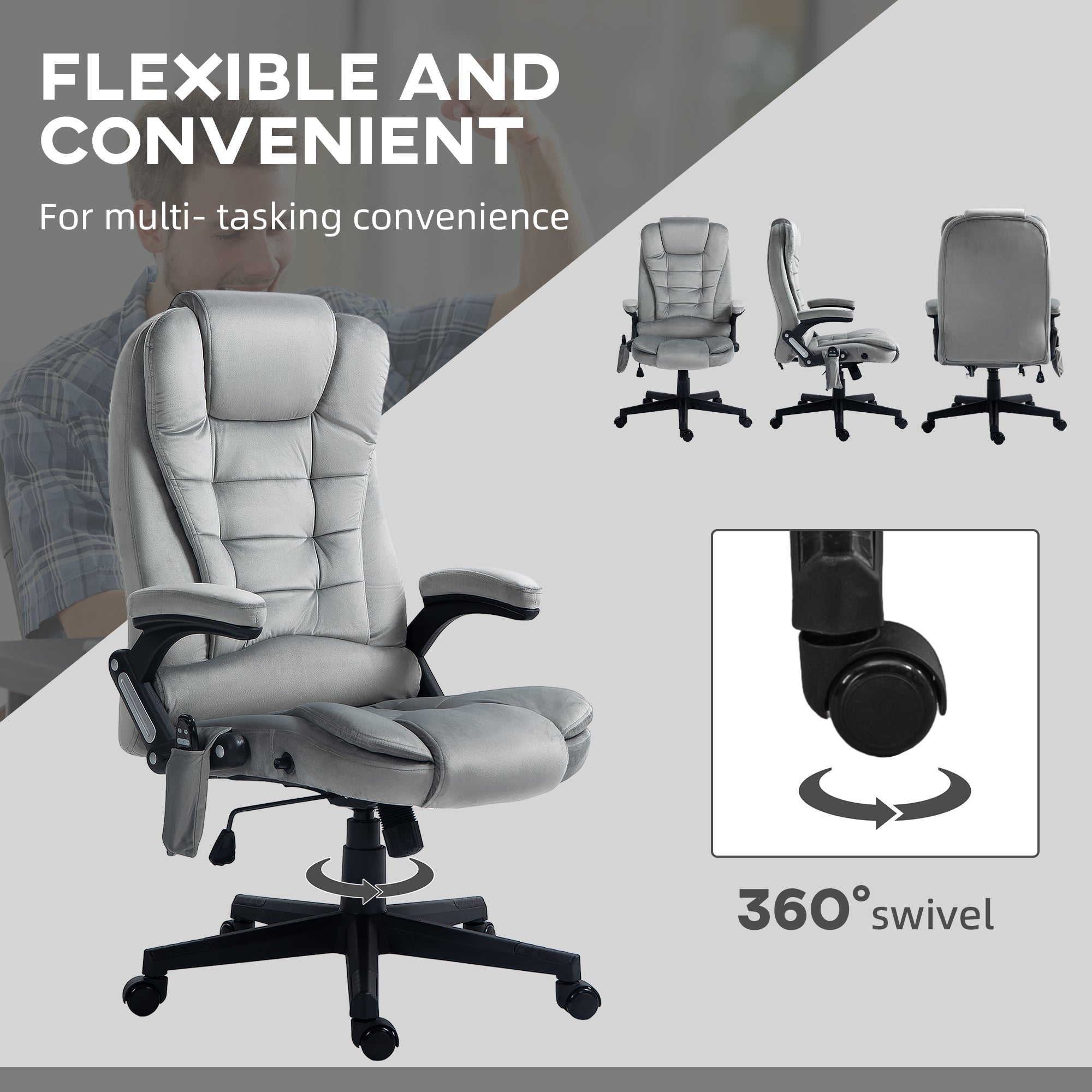 6 Points Heated Executive Office Chair, Velvet High Back Massage Office Chair, Gray