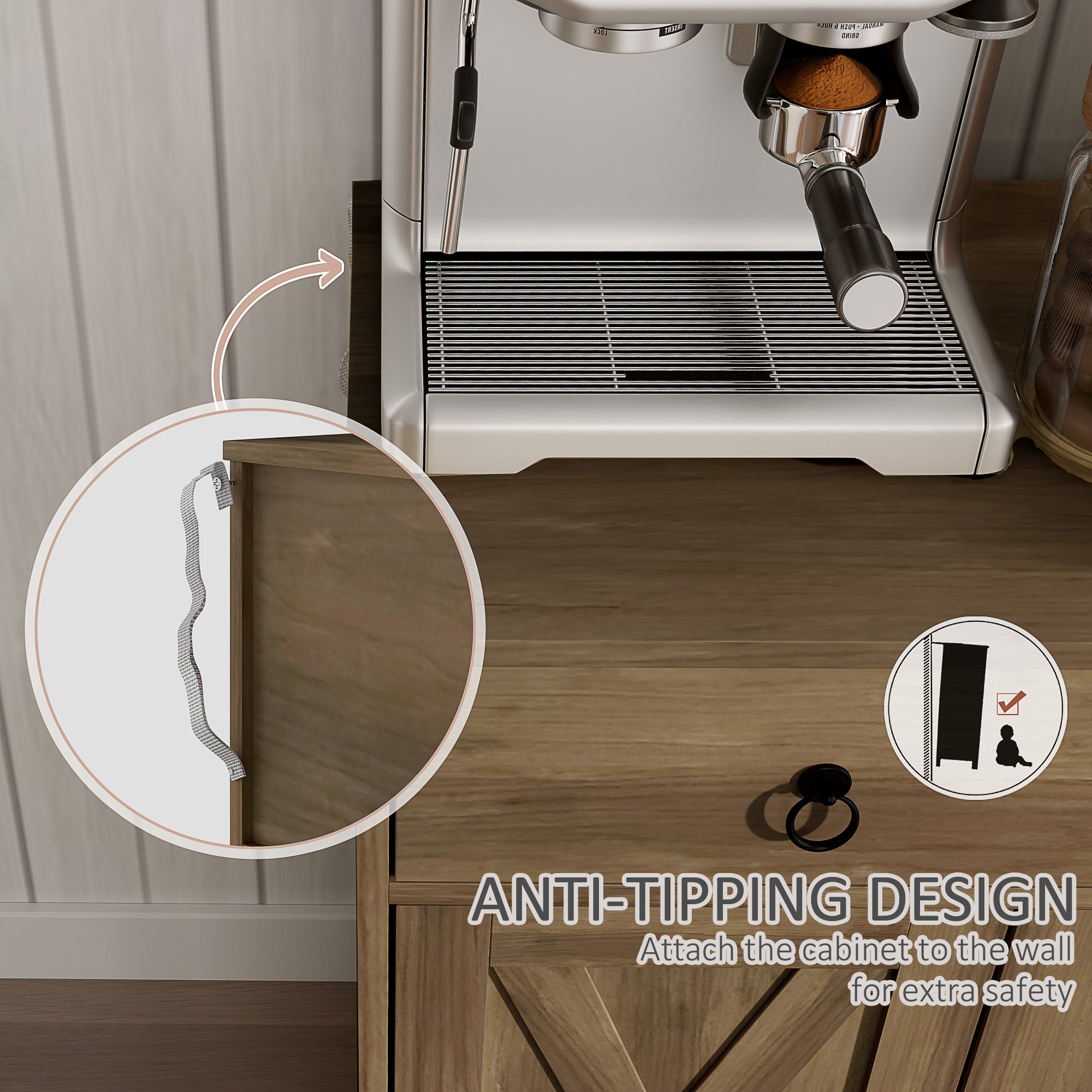 Sideboard Buffet Cabinet with Storage, 48" Kitchen Storage Cabinet with 2 Drawers and 4 Barn Doors, Farmhouse Coffee Bar Cabinet with Adjustable Shelves, Light Brown