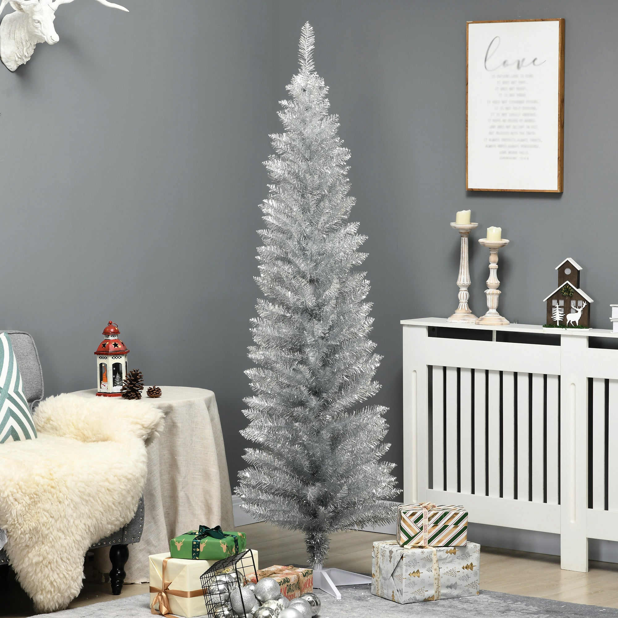 6' Artificial Pencil Christmas Tree, Slim Xmas Tree with 390 Realistic Branch Tips and Plastic Stand, Silver