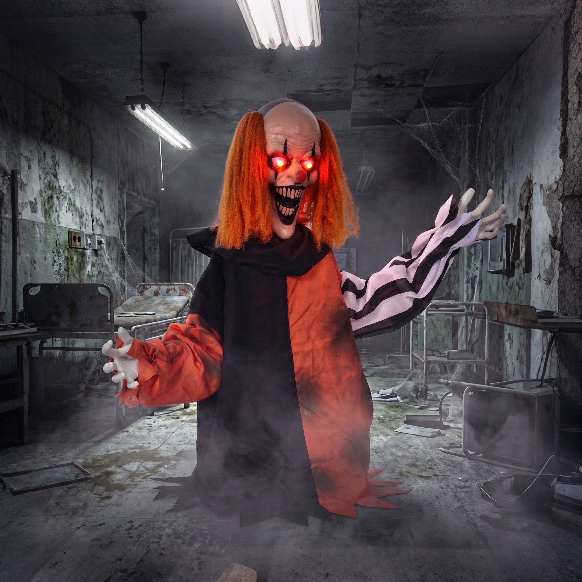 85cm Animated Halloween Face Changing Clown Animatronic, Half Body Standing Joker with Cackling Laughs and Sound, Glowing Eyes, Sound/Touch Activated, Holiday Decor for Indoor, Covered Outdoor