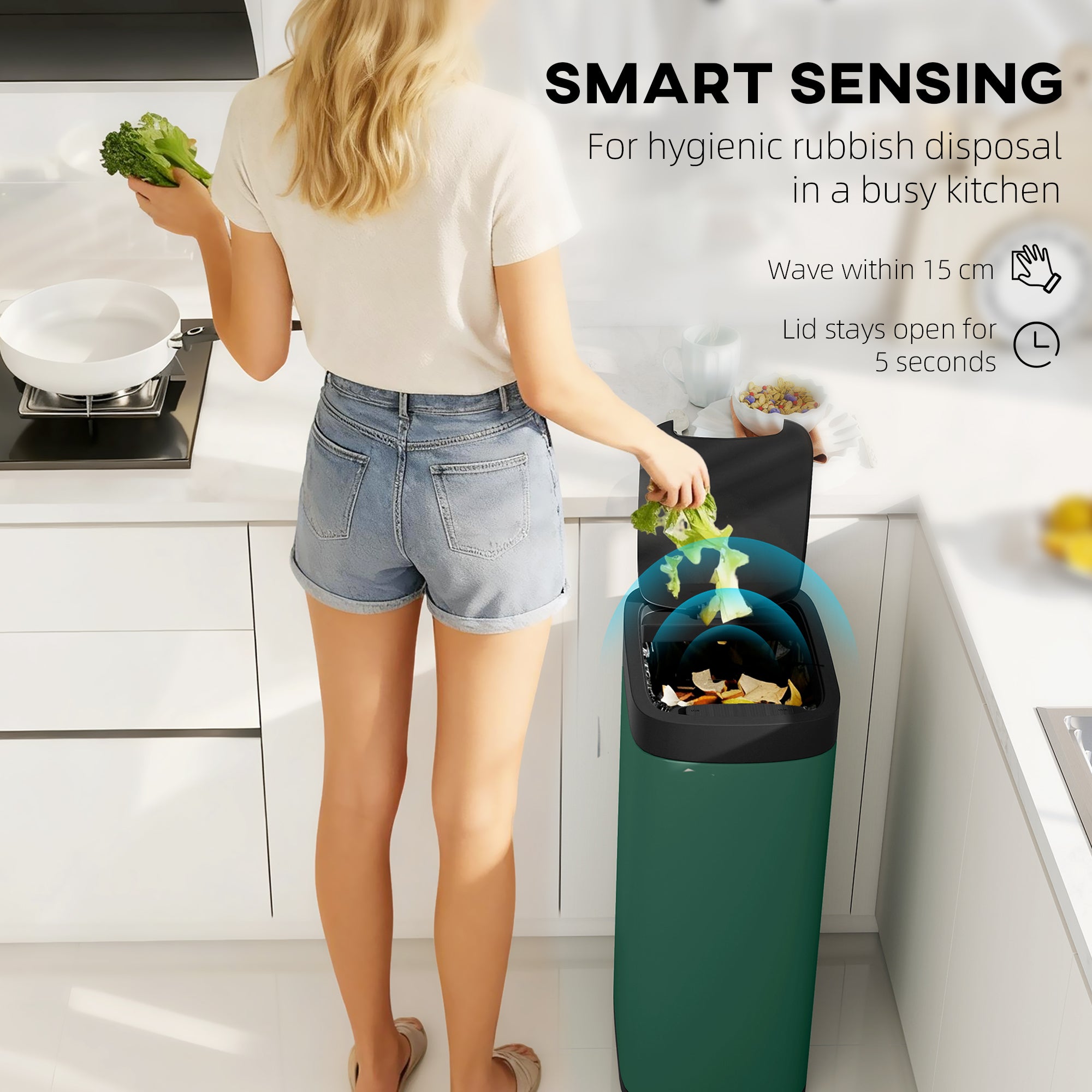 50L Sensor Bin, Automatic Touchless Kitchen Bin with Motion Sensor, Manual Override, Battery Operated, Fingerprint-Resistant, Inner-Bucket-Free, for Kitchen, Bedroom, Home Office, Dark Green
