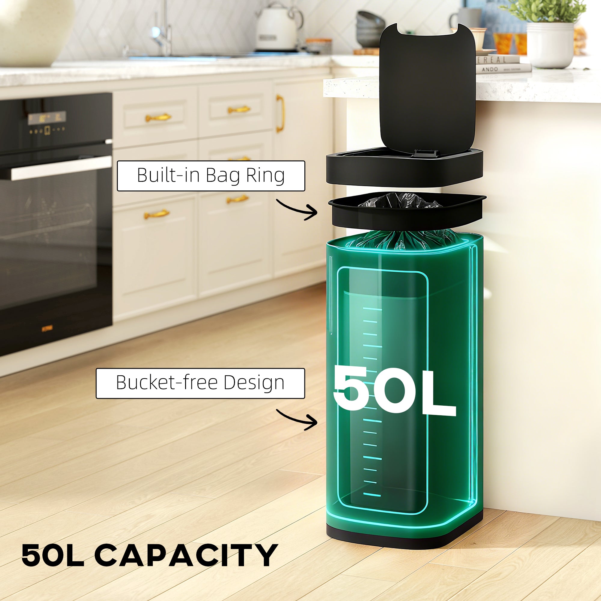50L Sensor Bin, Automatic Touchless Kitchen Bin with Motion Sensor, Manual Override, Battery Operated, Fingerprint-Resistant, Inner-Bucket-Free, for Kitchen, Bedroom, Home Office, Dark Green