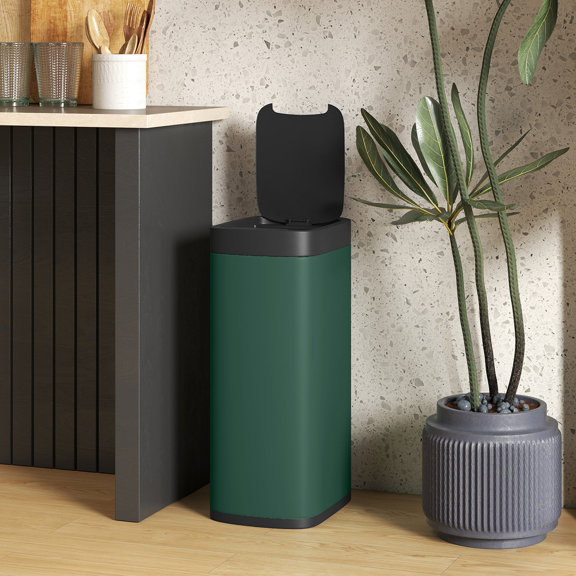 50L Sensor Bin, Automatic Touchless Kitchen Bin with Motion Sensor, Manual Override, Battery Operated, Fingerprint-Resistant, Inner-Bucket-Free, for Kitchen, Bedroom, Home Office, Dark Green