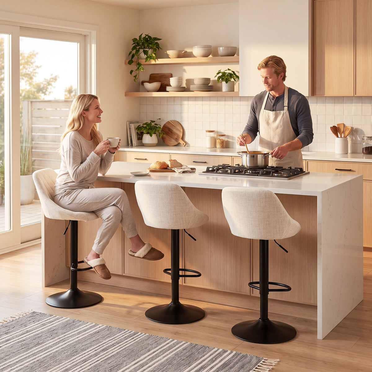 Bar Stools Set of 3, Swivel Counter Height Bar Stools with Backrest, Modern Adjustable Linen-Look Bar Chairs, Armless for Kitchen Island, Cream White