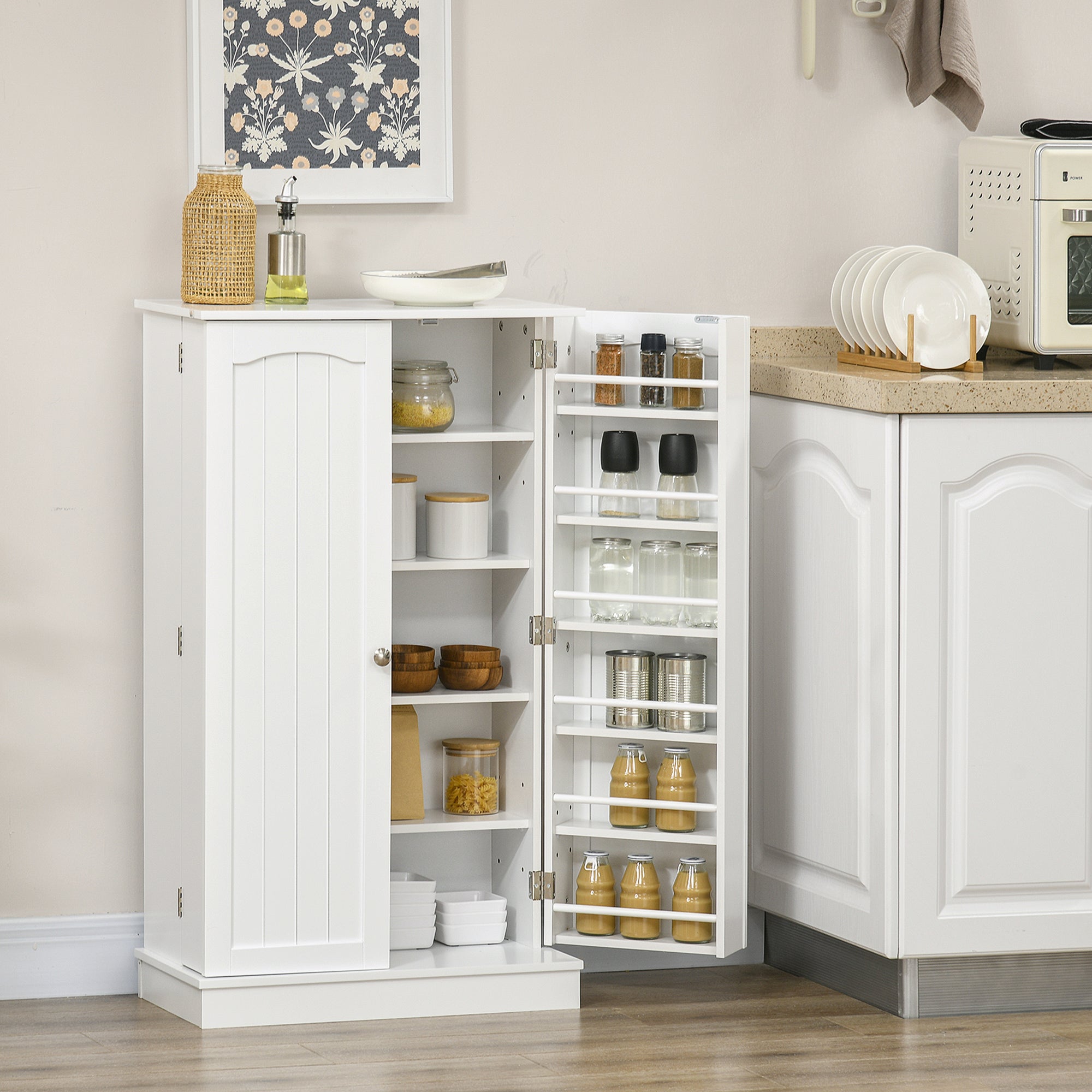 41" Kitchen Pantry Cabinet w/ 12 Door Shelves, Double Doors, 5-tier Shelving, Paper White