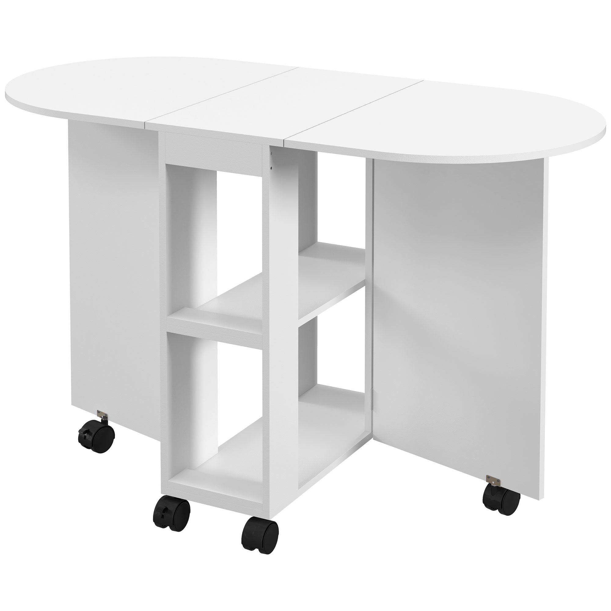 HOMCOM Mobile Folding Dining Table, Drop Leaf Table for Small Spaces with 2-tier Shelves, Small Kitchen Table With 6 Wheels, White
